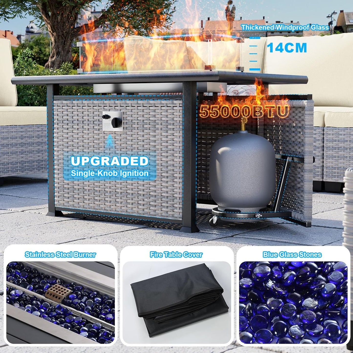 15-Piece Patio Furniture Set, Outdoor Patio Furniture with 55,000 BTU Fire Pit Table, Thick Cushions, Modular Patio Sofa, Dual-Strand Wicker Rattan, Rust-Resistant Frame, Ivory