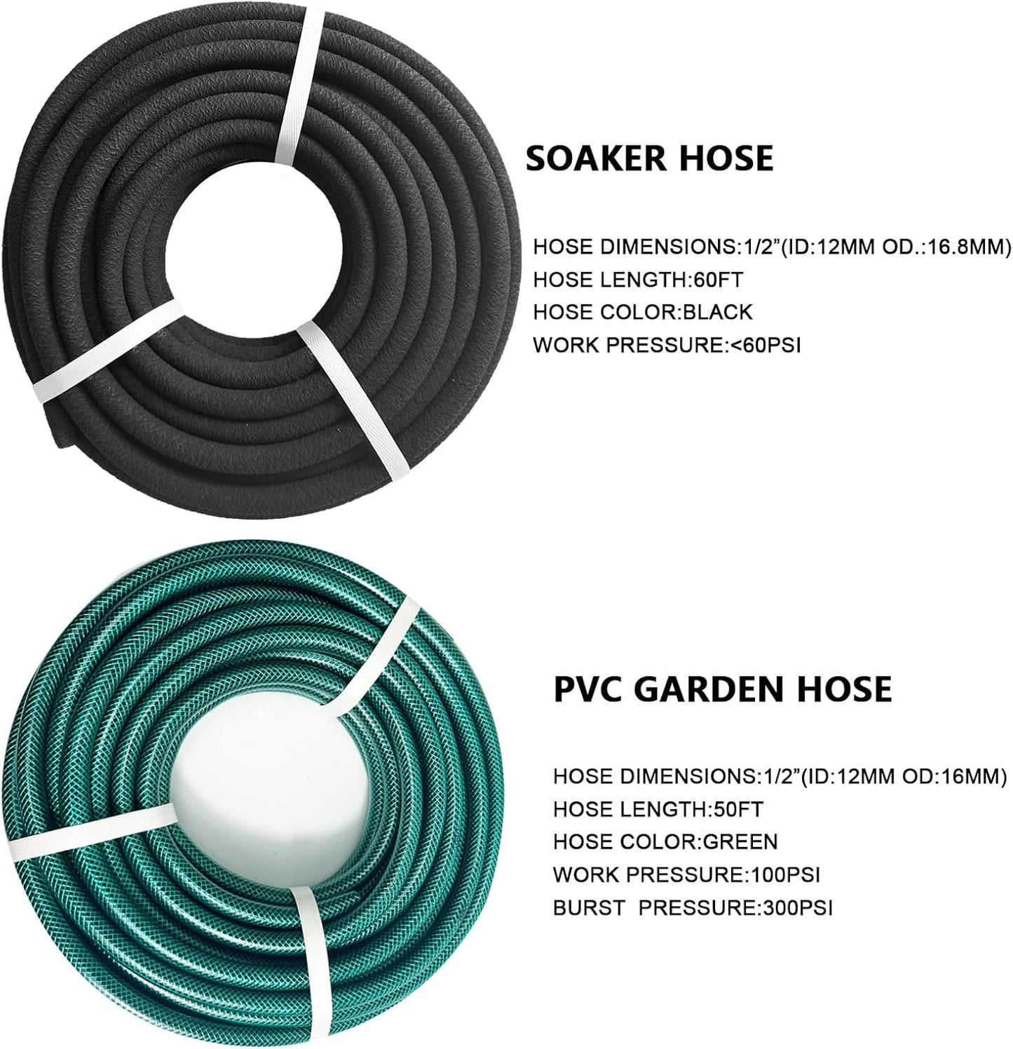 AMRITA Soaker Hose for Garden 60ft,PVC Garden Hose 50ft, 1/2" Drip Hose Linkable Consistent Irrigation Hose Save 70% Water, Heavy Duty Round Soaker Hose for Garden Bed Foundation.(1/2-60ft+50ft)