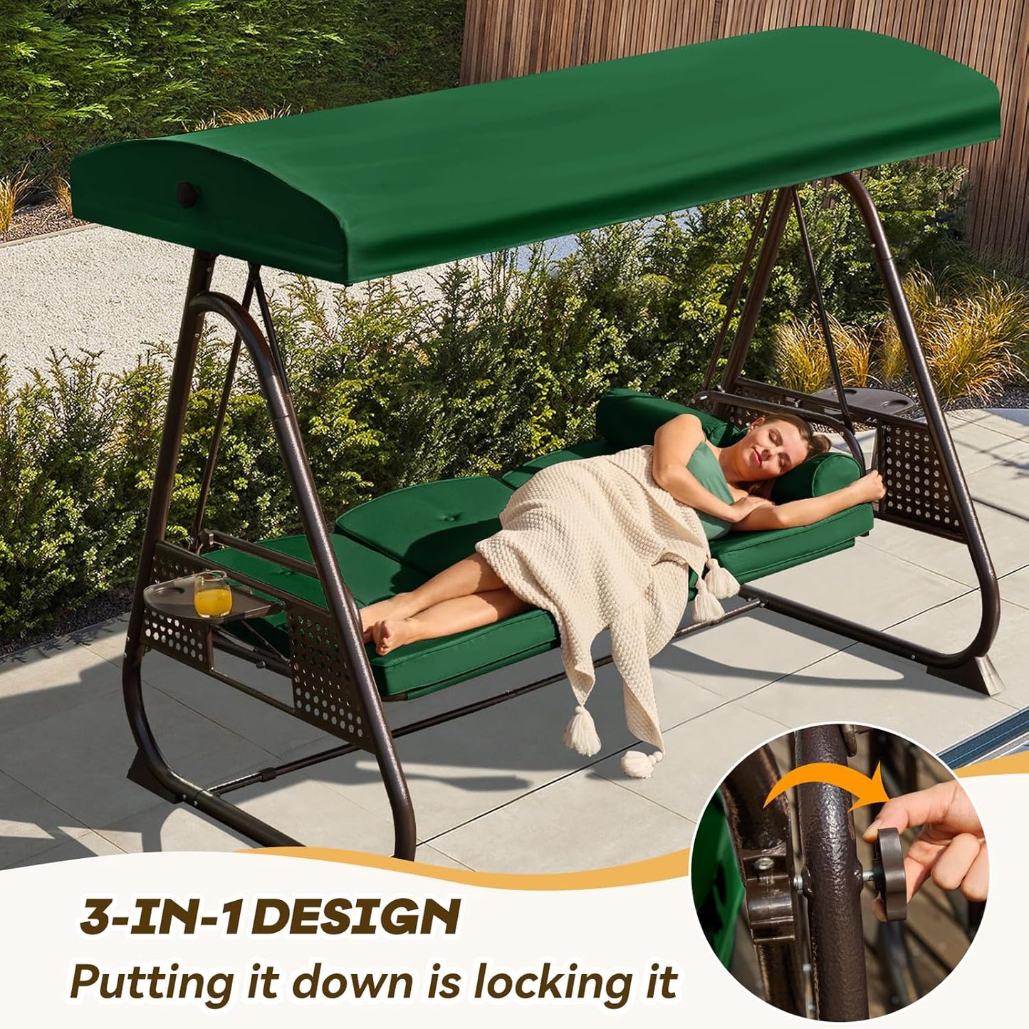 3 in 1 Outdoor Porch Swing with Adjustable Canopy, 3 Seat Outdoor Swing for Adults, Patio Swing Chair with Thickened Cushions,Pillows & Cup Holders for Backyard, Porch, Garden (Green)