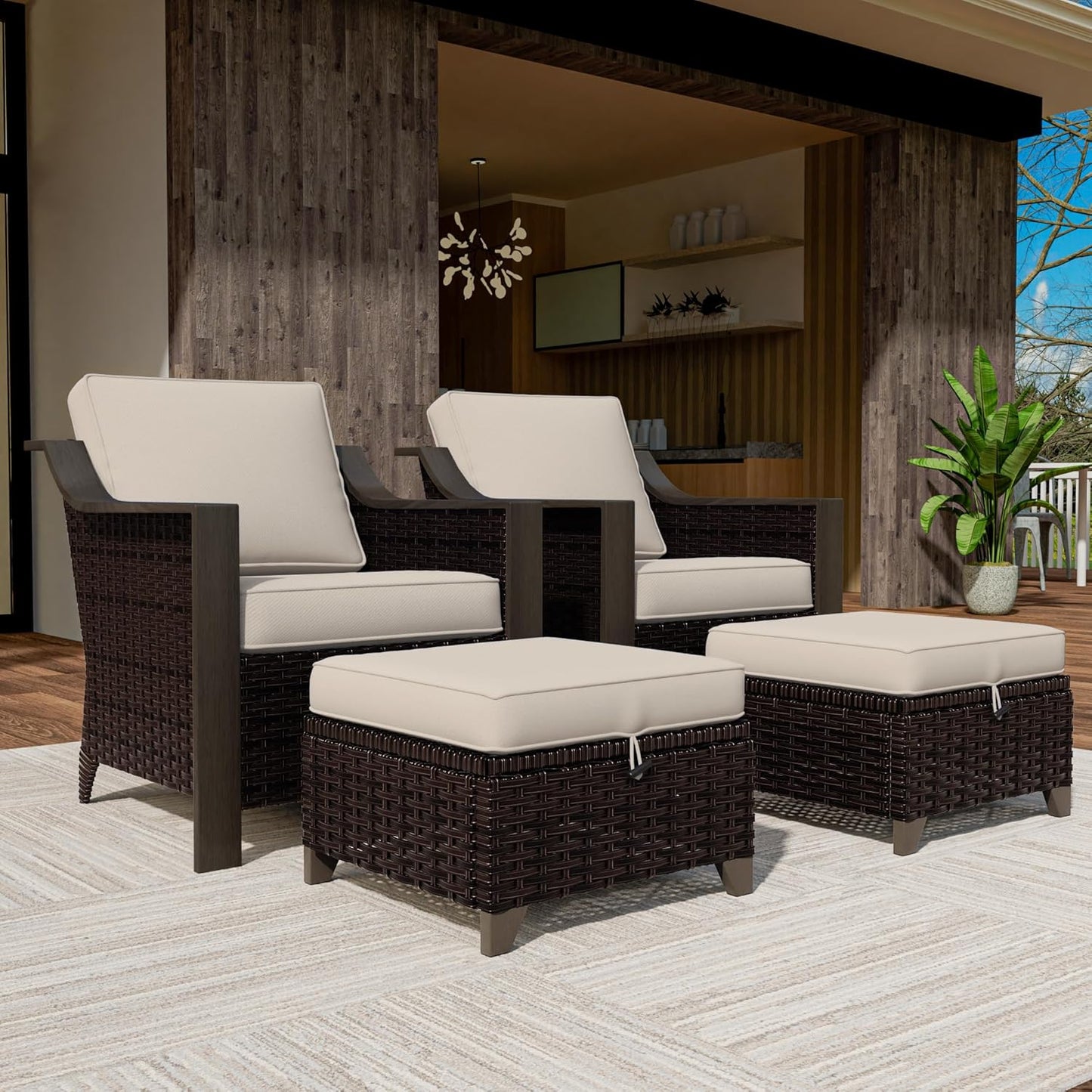 4 Piece Wicker Patio Conversation Set, All-Weather Use Outdoor 2 PE Rattan Chair, 2 Ottoman, Removable Water-Resistant Cushion, Ideal for Porch, Backyard, Balcony, Poolside, Beige