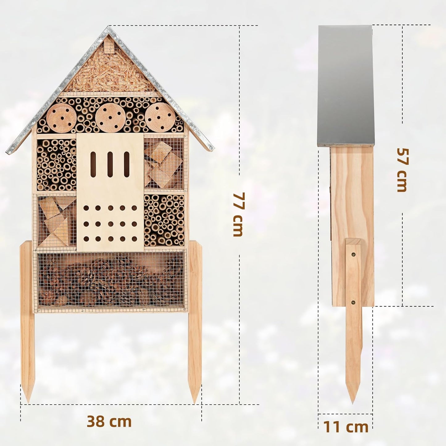 antiai Extra Large Wooden Insect House with Stakes,Wood Mason Bee Butterfly House,Insect Hotel,an Outdoor Bamboo Habitat for Ladybugs Live,Bee Box,Butterfly Habitat for Garden and Yard,30" H x15 W