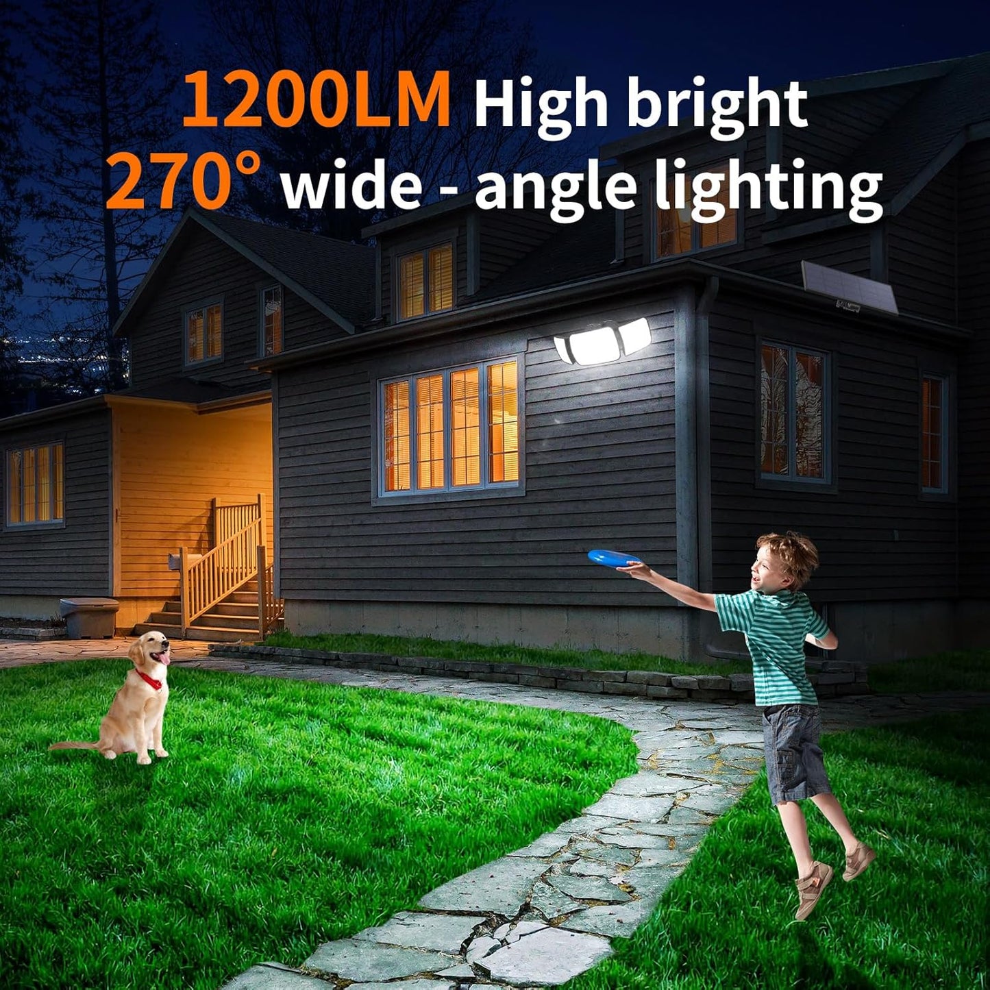 intelamp Solar Flood Lights Outdoor Waterproof, 6000mAh 1200LM Solar Powered Dual Motion Sensor LED Lighting Dusk to Dawn Security Floodlight Exterior with Remote 9.8ft Cable for Outside Garden House