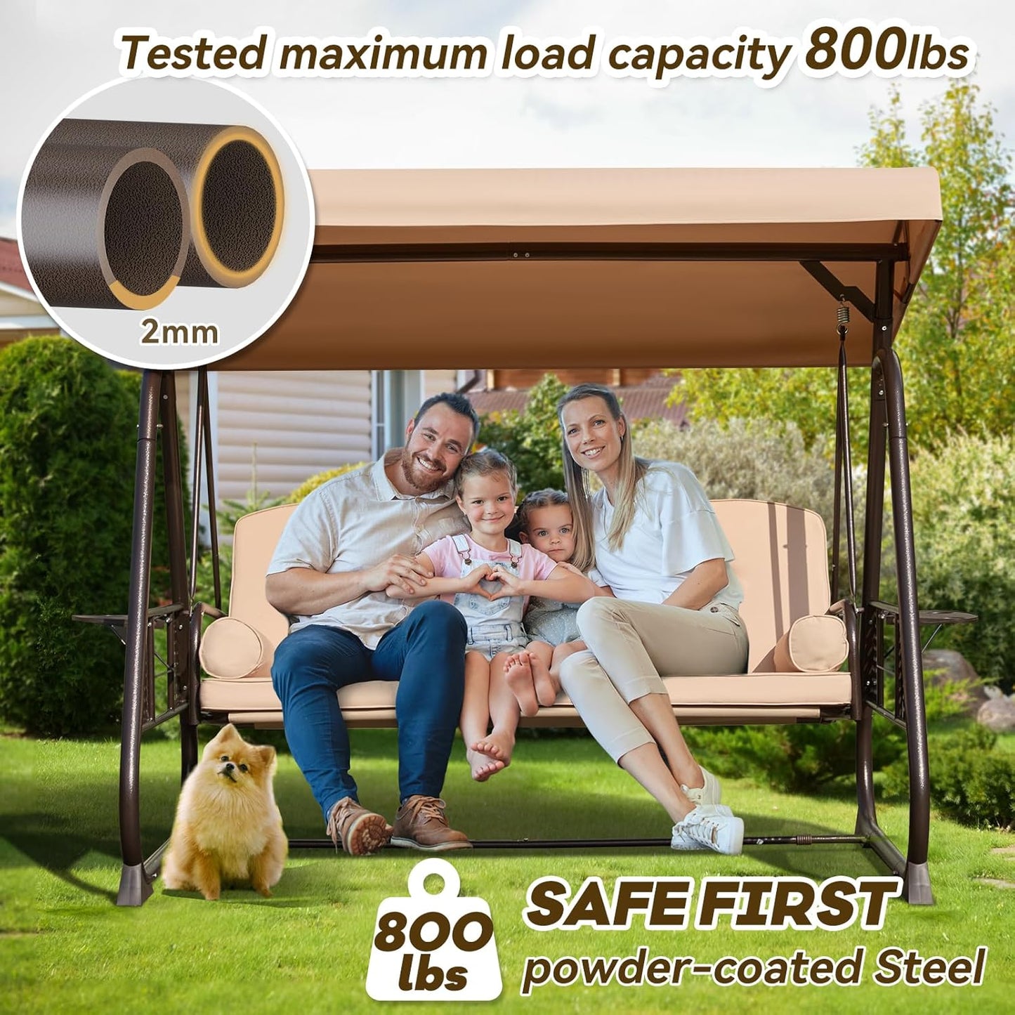 3 in 1 Outdoor Porch Swing with Adjustable Canopy, 3 Seat Outdoor Swing for Adults, Patio Swing Chair with Thickened Cushions,Pillows & Cup Holders for Backyard, Porch, Garden (Khaki)