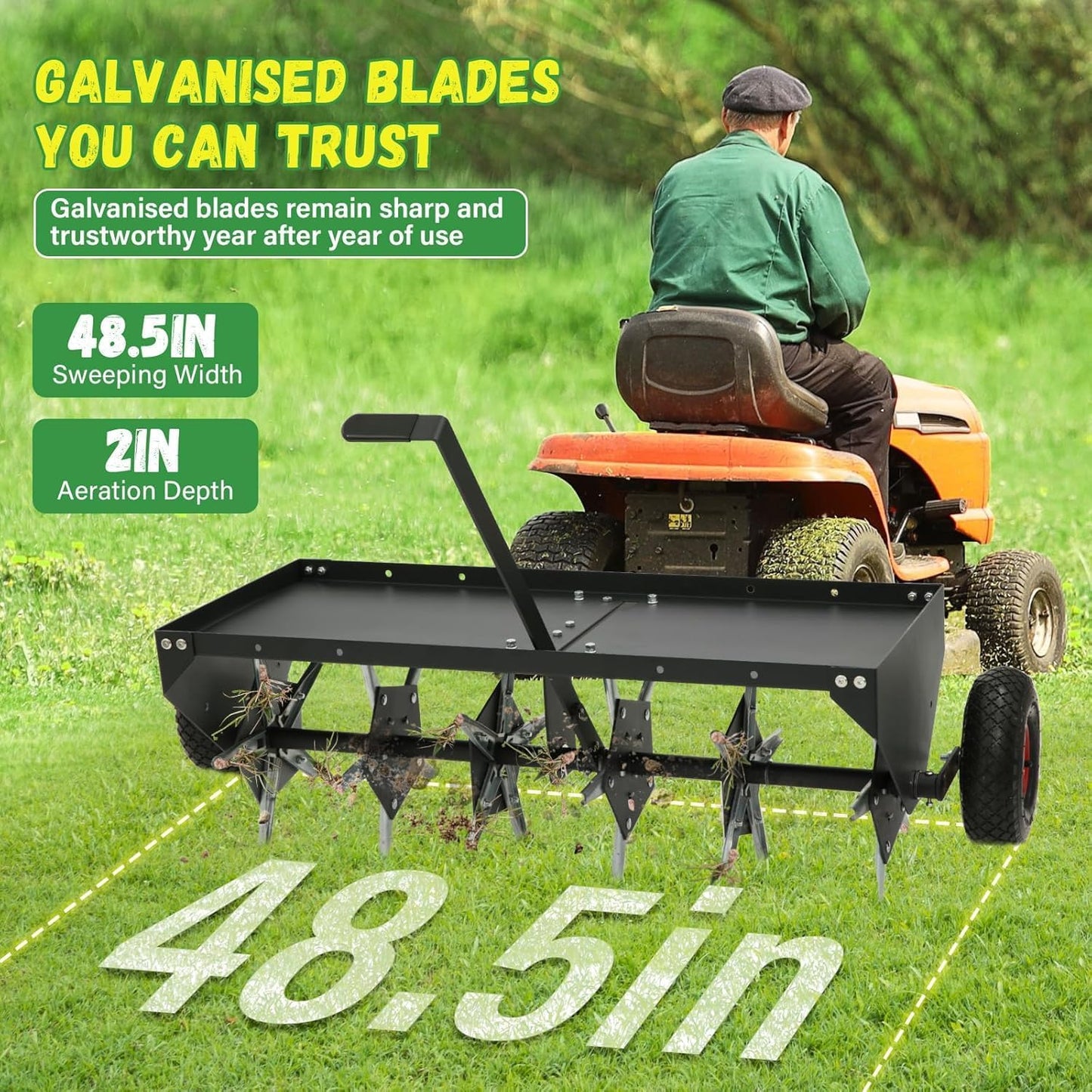 Doniks 48-Inch Tow Behind Lawn Plug Aerator with Universal Hitch, Lawn Aerator Tow Behind with 30 Galvanised Steel Tines,Tray and Inflatable Wheels for Gardens, Lawns, Farms