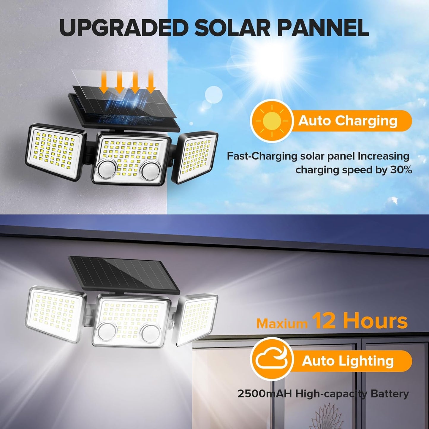 UME Solar Outdoor Lights 3000 Lumen 7000K, 152 LED Super Bright Motion Sensor Outdoor Lights with 2 Sensors, IP65 Waterproof 270 Wide Angle Solar Flood Lights with 3 Modes for Garden - 4 Pack