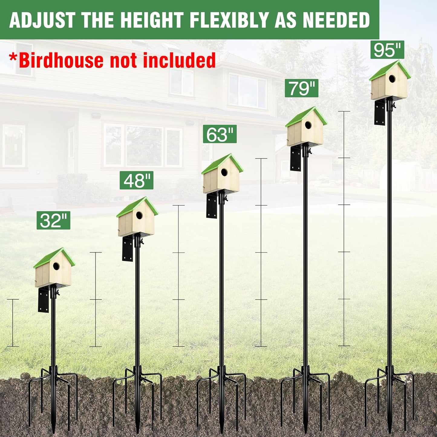 Bird House Pole, 95 Inch Heavy Duty Bird Feeder Pole Mount Kit for Outdoors, Adjustable Bird Feeding Stand, with 2-Hooks, 5-Prong Base for Birds Watching