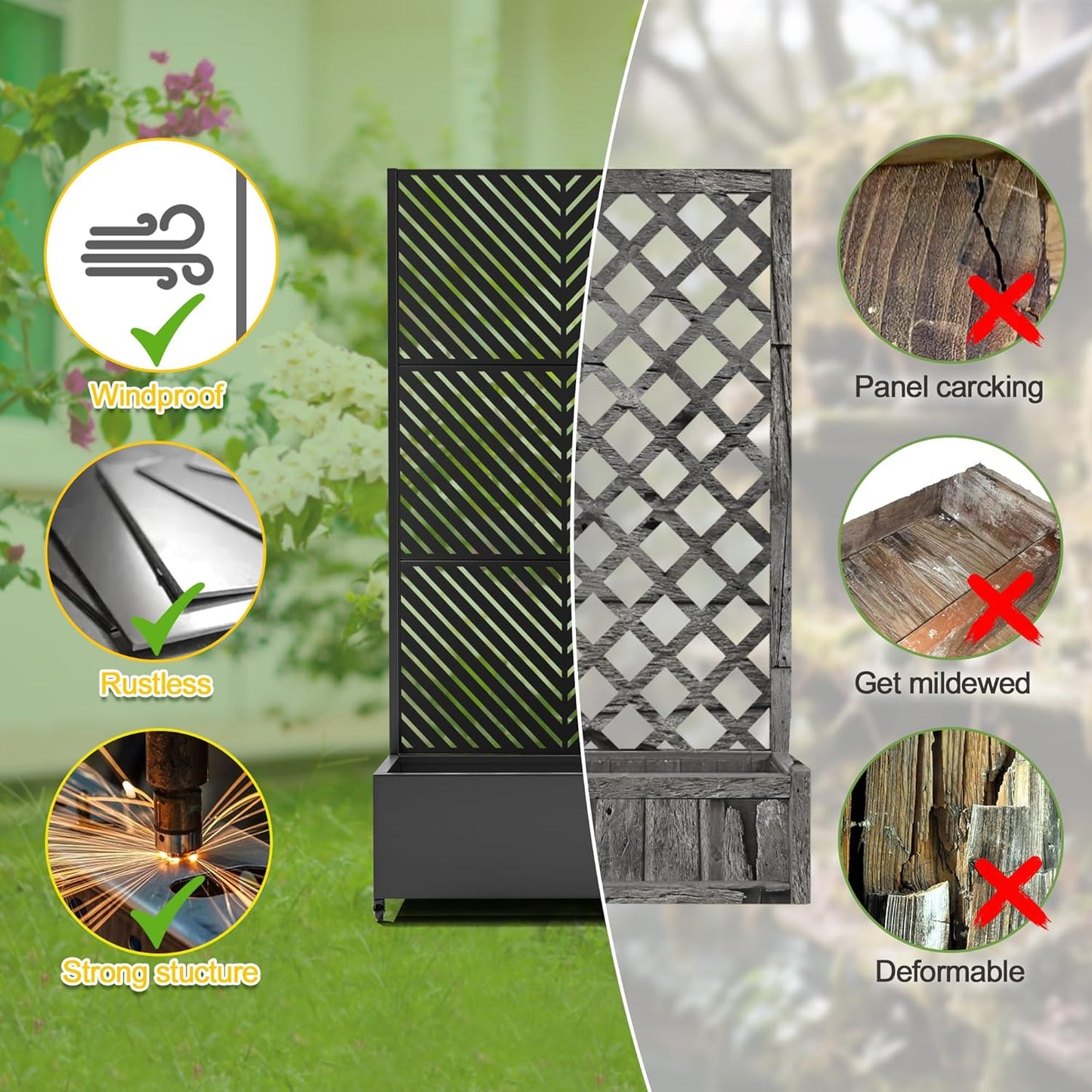 FENCY Metal Raised Garden Bed with Wheels and Trellis,73"x35"x16" Planter Box for Climbing Plants, Vegetables & Vines, Features Privacy Screen and Drainage Holes (Black-Arrow)