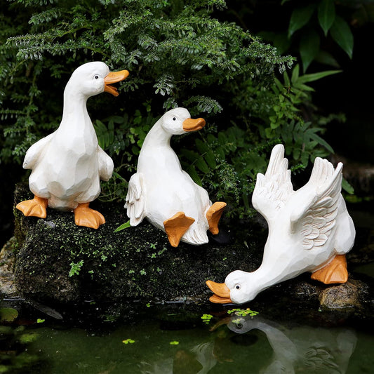 Duck Yard Decorations Outdoor Ornaments Set of 3, Resin Goose Sculpture Statue Front Porch Garden Decor for Outside Imitation Wood Carving, Funny Animal Decorations Fairy Craft Yart Art Decor