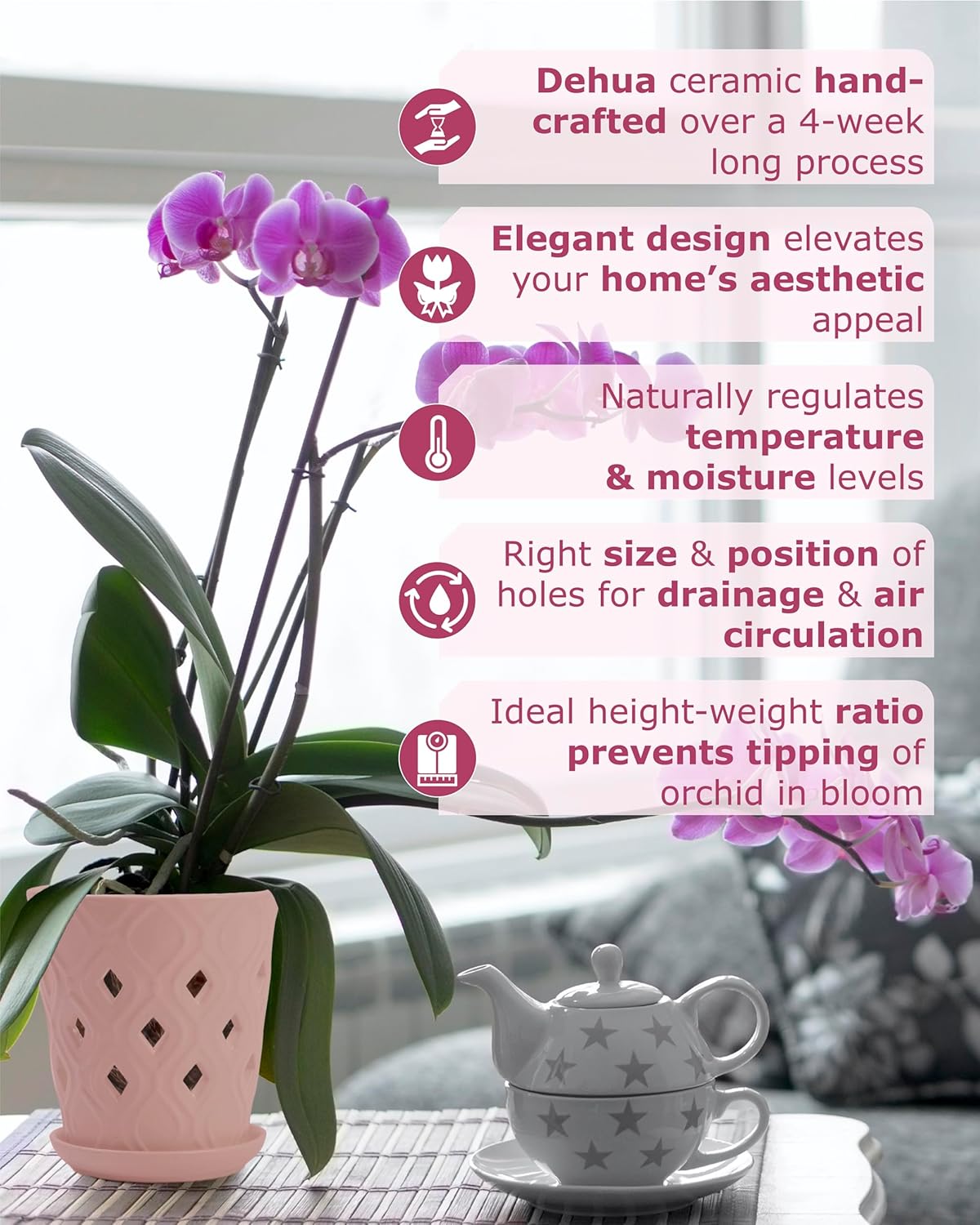 Whispering Winds Ceramic 5 x 6 Inch Orchid Pot with Holes & Saucer for Aeration and Drainage - Decorative Orchid Pots for Repotting, Prevent Over Watering & Root Rot (Cavern Pink)