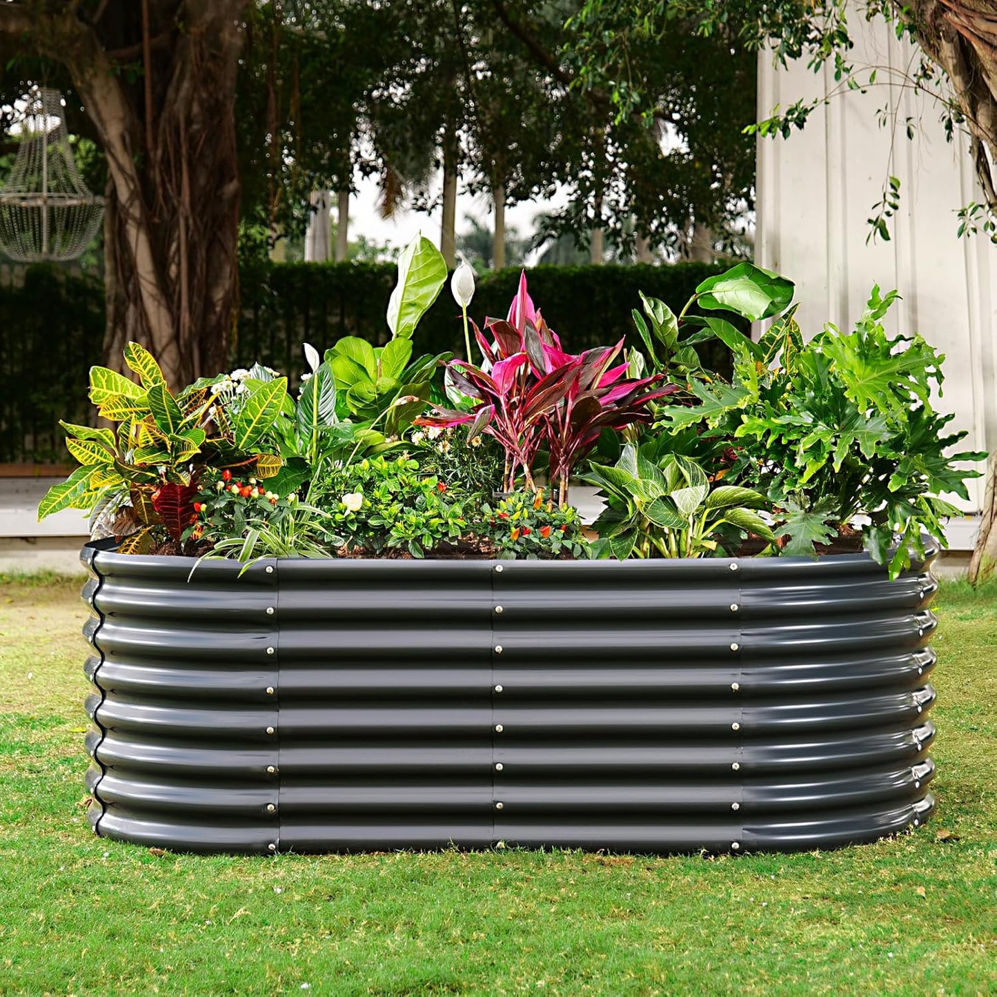 Land Guard 24“ Tall Galvanized Raised Garden Bed Kit, Galvanized Planter Garden Boxes Outdoor, Oval Large Metal Raised Garden Bed for Vegetables (Dark Gray, 4×2×2ft)