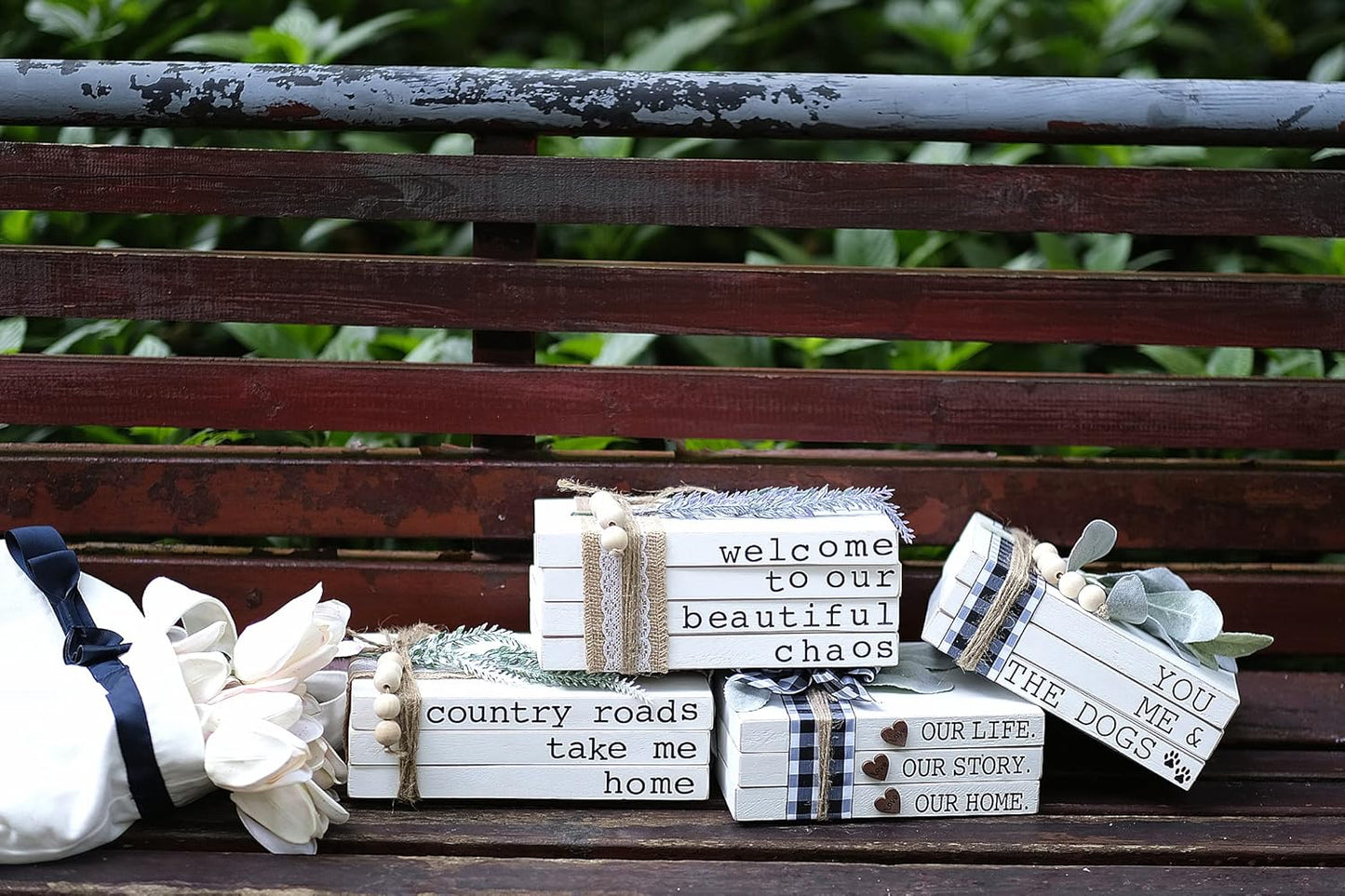 Our Life Our Story Our Home-Farmhouse Stacked Books, 3 Stacked Decorative Books, Rustic Wooden Signs for Home Decor-Housewarming Gifts