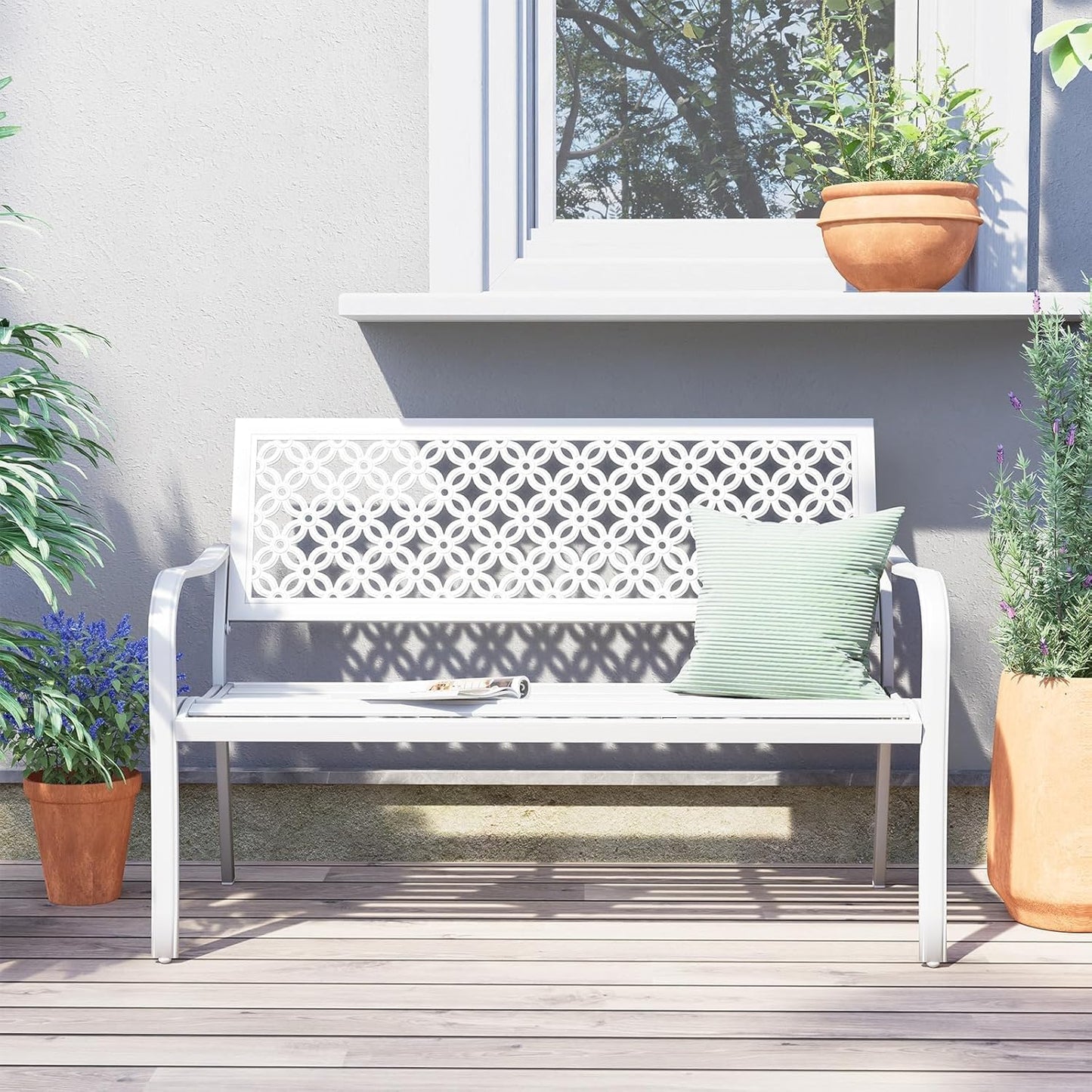 Grand patio 50" Garden Bench, Outdoor Benches with Anti-Rust Metal Powder Coated Frame, Patio Bench for Front Porch Park Outside Furniture Decor,White