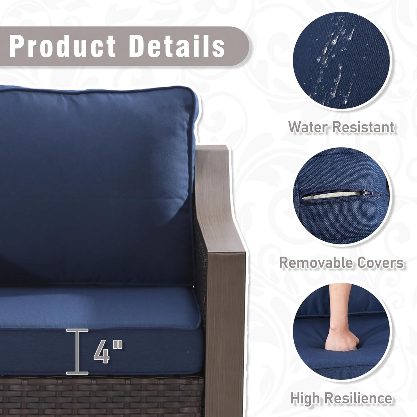 3 Piece Wicker Patio Conversation Set, All-Weather Use Outdoor Wicker Sofa with 2 PE Rattan Chair, Removable Water-Resistant Cushion, Ideal for Porch, Backyard, Balcony, Poolside, Blue