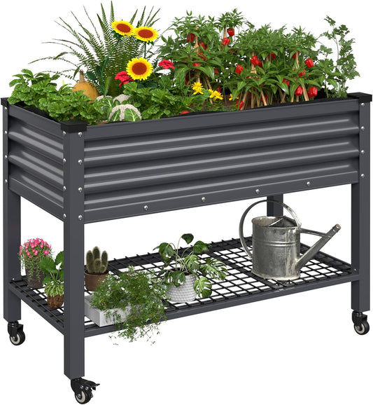 MUPATER Galvanized Steel Raised Garden Bed, 47.8" L x 23.5" W x 33.5" H Large Metal Elevated Raised Planter Box with Rolling Casters & Extra Bottom Shelf for Backyard, Patio, Balcony, Gray