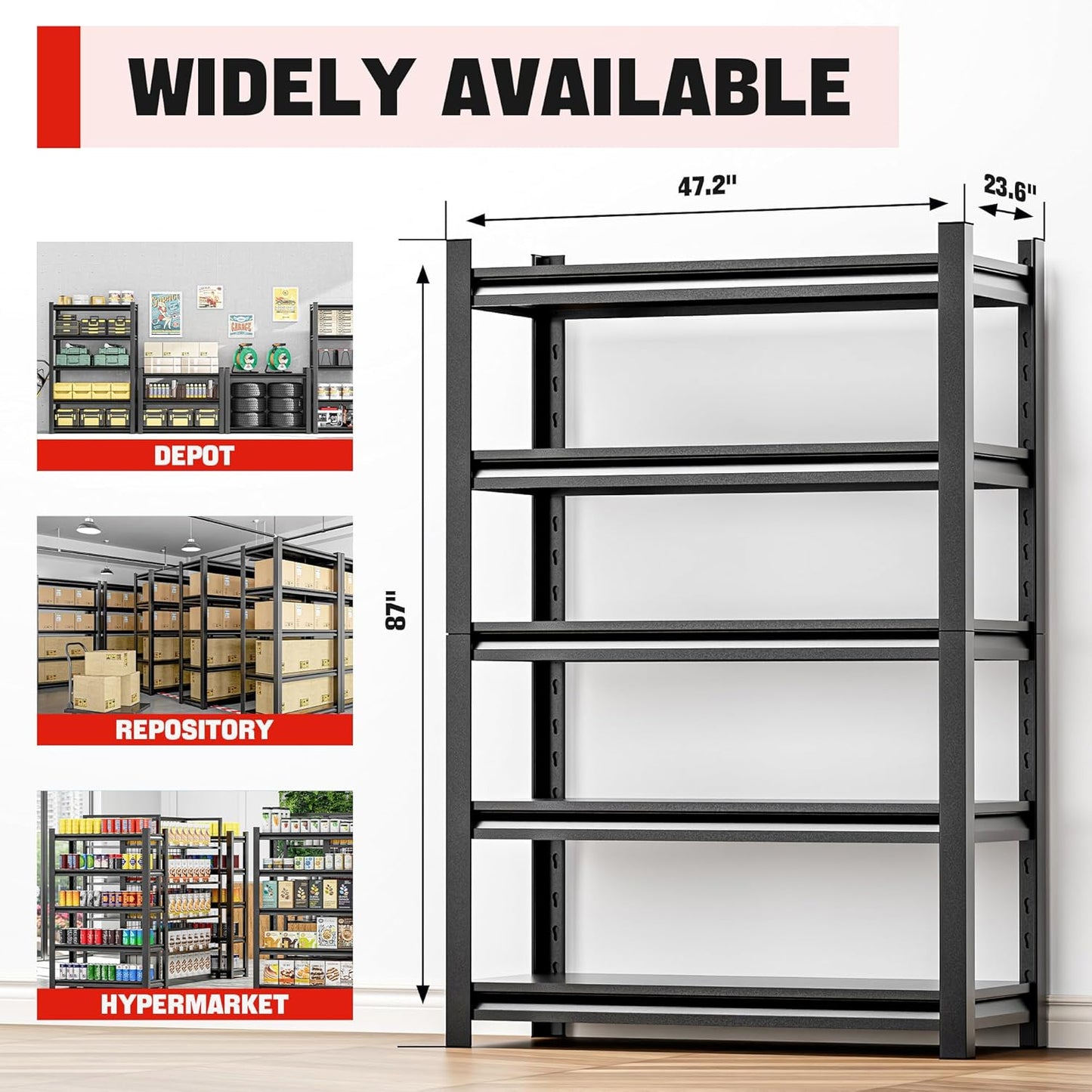 Heavy Duty Metal Garage Shelving Unit, 5 Tier Storage Shelf for Garage, Utility, and Industrial Use - Sturdy Garage Storage Shelf Organizer, Metal Shelving for Garage Storage 24"D x48"W x87"H（5 pcs）