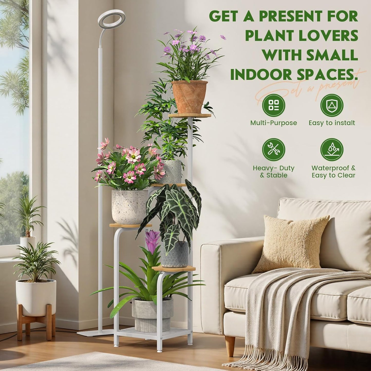 TOSKING 48" Tall Plant Stand Indoor with Full Spectrum LED Grow Lights & Timer – 5-Tier Corner Plant Shelf for Home, Office, Balcony (Grow Light 5 Tier-White)