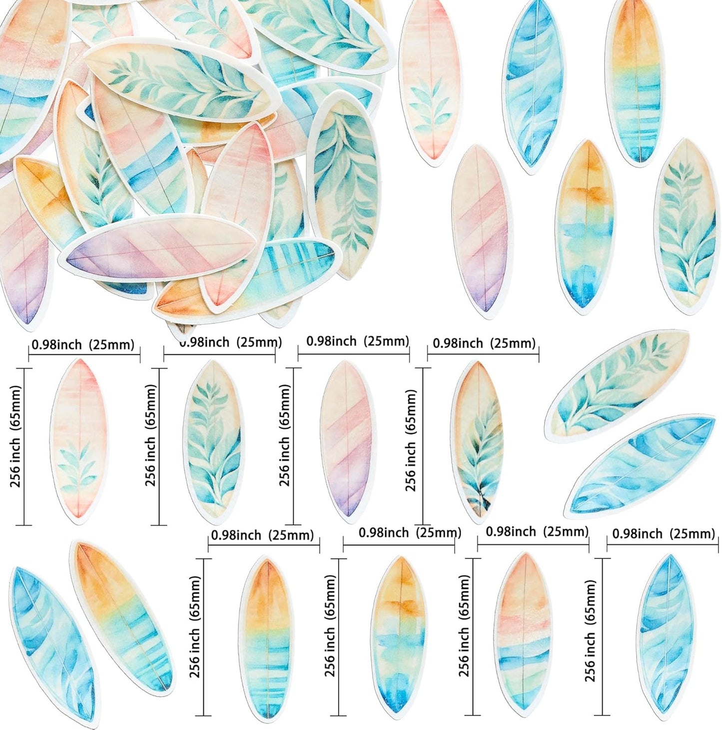 Ephlyn 54Pcs Edible Surfboard Cupcake Toppers Wafer Paper Surfboard Mini Accents for Swimming Pool Summer Beach Party Luau Birthday Baby Shower Party Supplies Blue Pink Yellow