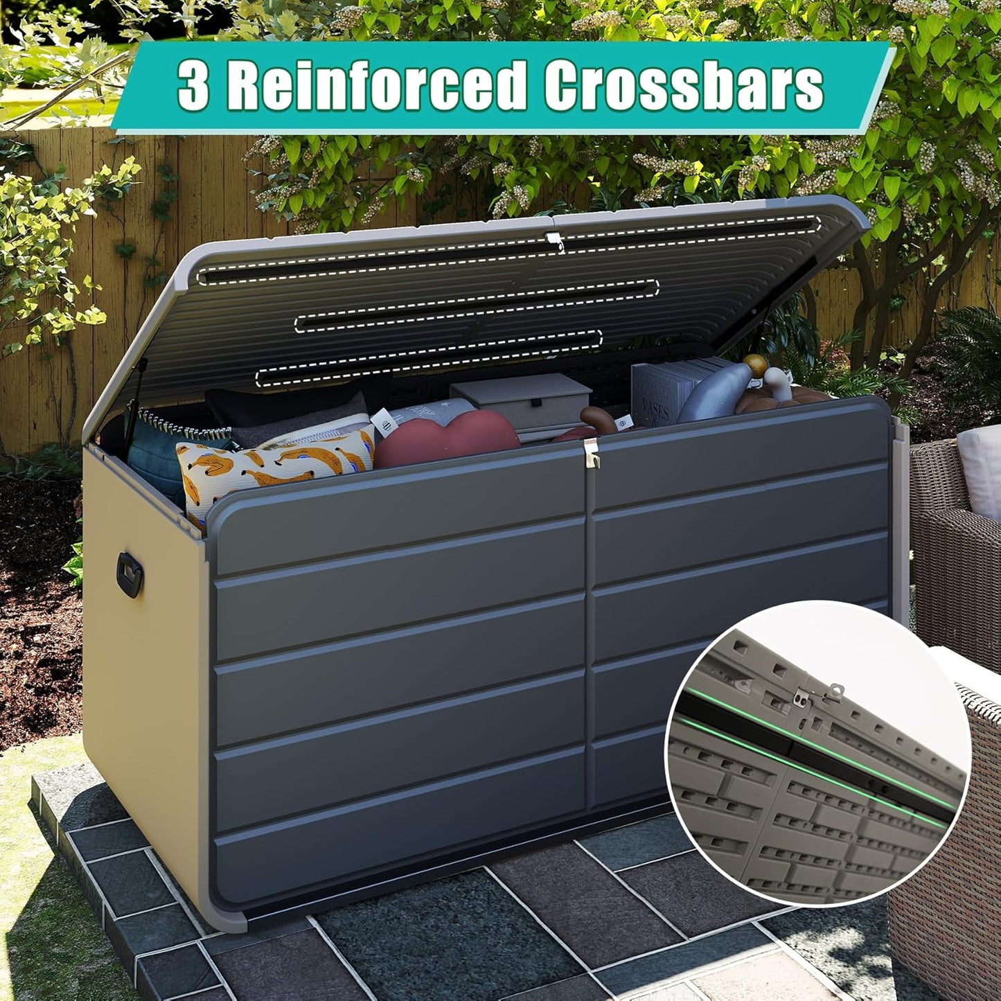 Domi 260 Gallon Resin Deck Box, Waterproof & UV-Resistant Outdoor Large Storage Box Lockable Storage Bin for Patio Cushions Pool Supplies Garden Tools and Delivery Storage