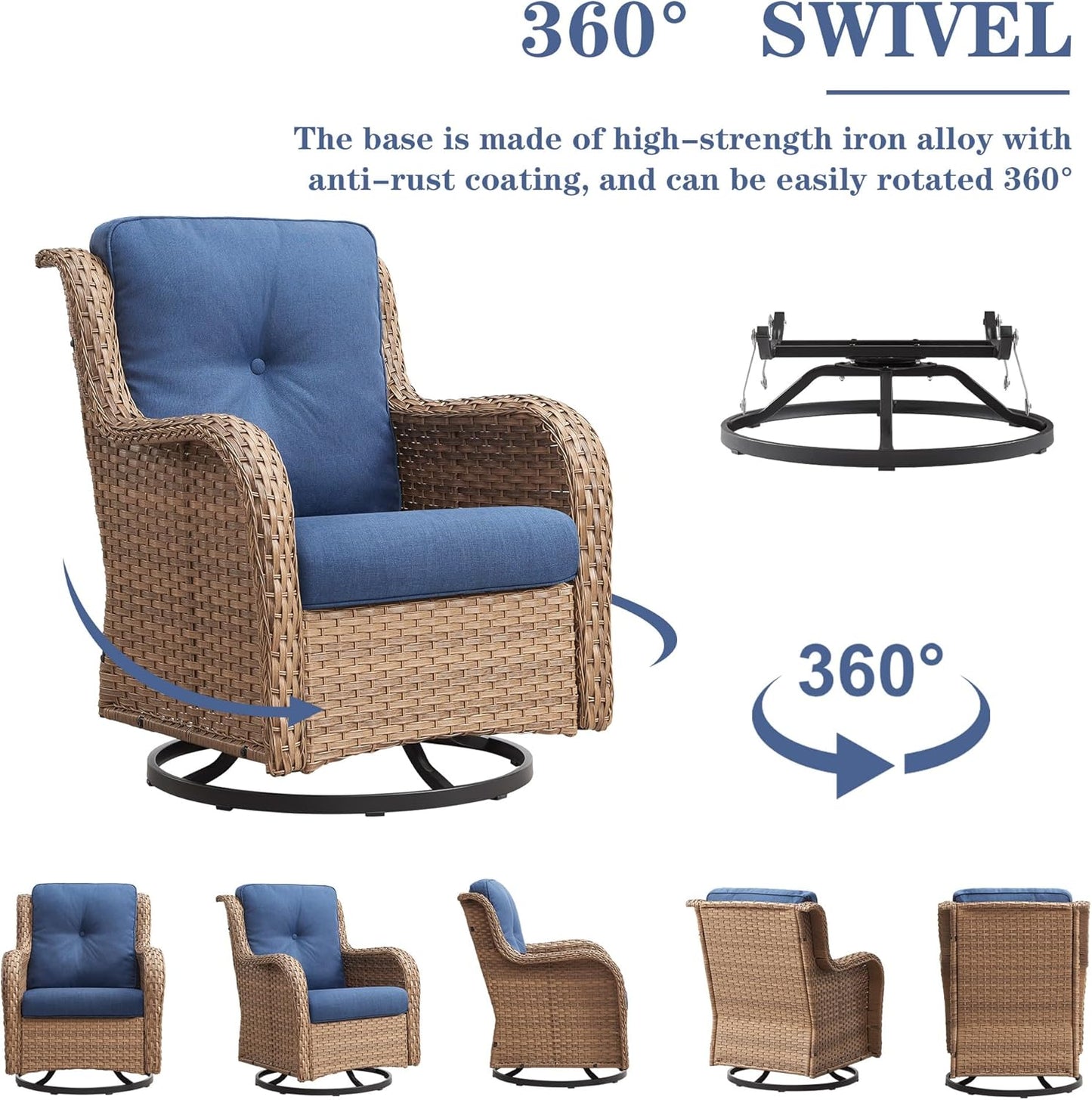 Wicker Outdoor Furniture Patio Furniture Set - 6 Piece Patio Conversation Set with Swivel Rocker Chairs, Loveseat Sofa, Ottomans and Coffee Table, Blue Cushion