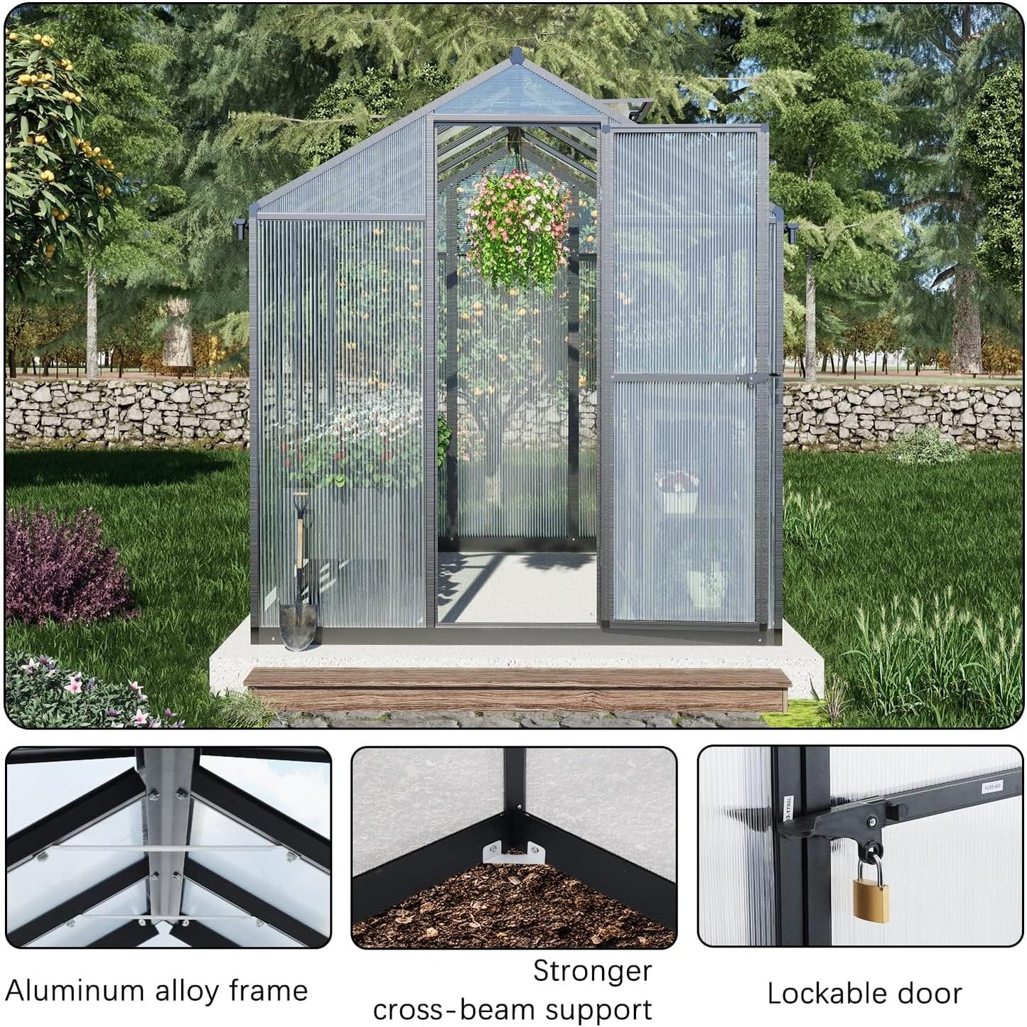 BPS 6' x 8' Walk-in Polycarbonate Greenhouse with Heavy-Duty Aluminum Frame, 1 Vent Window & Lockable Door for Outdoor, Patio, Backyard, and Garden Use
