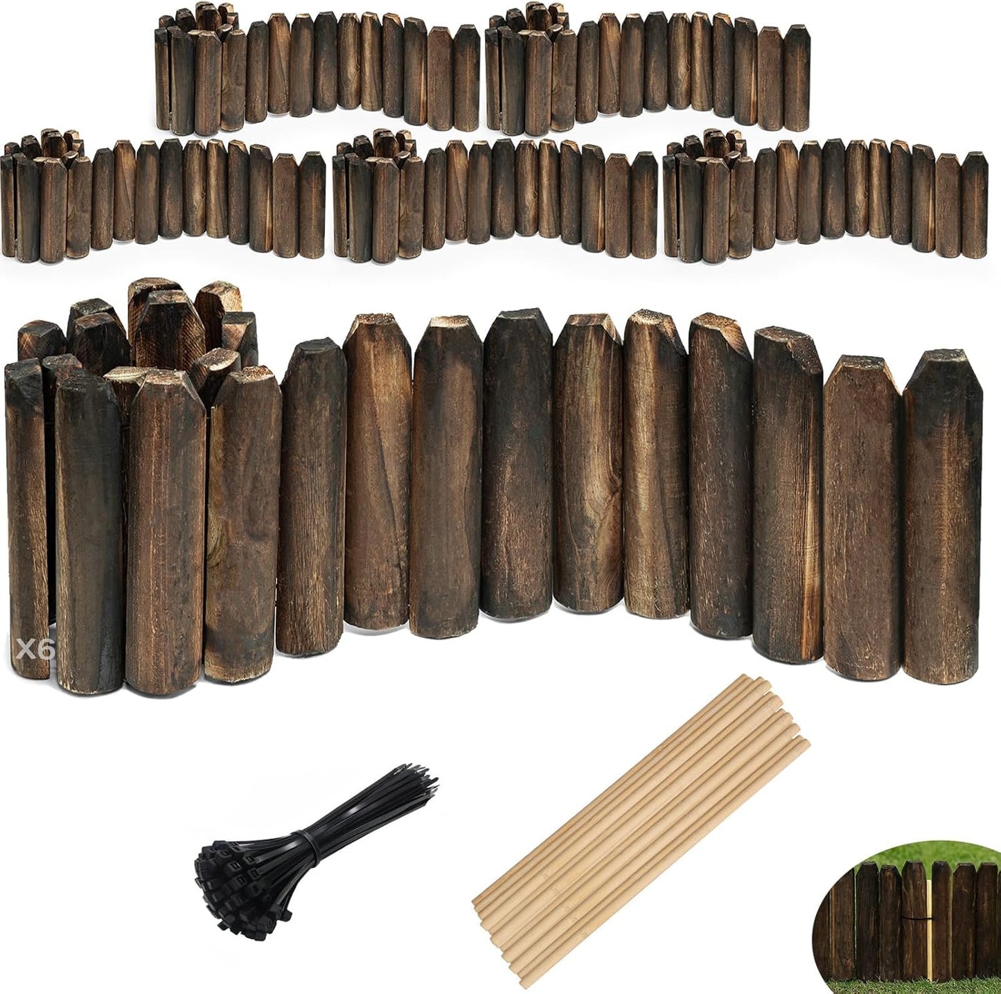 Wood Garden Edging, Wooden Fence Border Decorative Small Picket Panels for Flower Bed Barriers and Landscape Fencing (6 Pack)