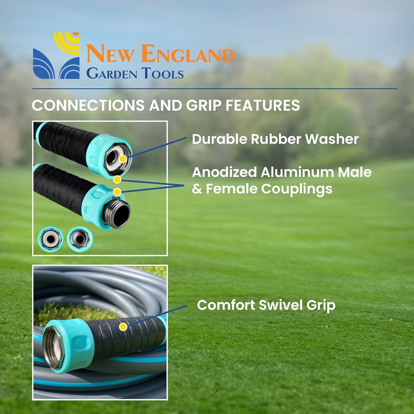 Hybrid Garden Water Hose 75 ft x 5/8”, Durable Heavy Duty Material, Kink-Free with Swivel Grips and Anodized Couplings, 700006 by New England Garden Tools