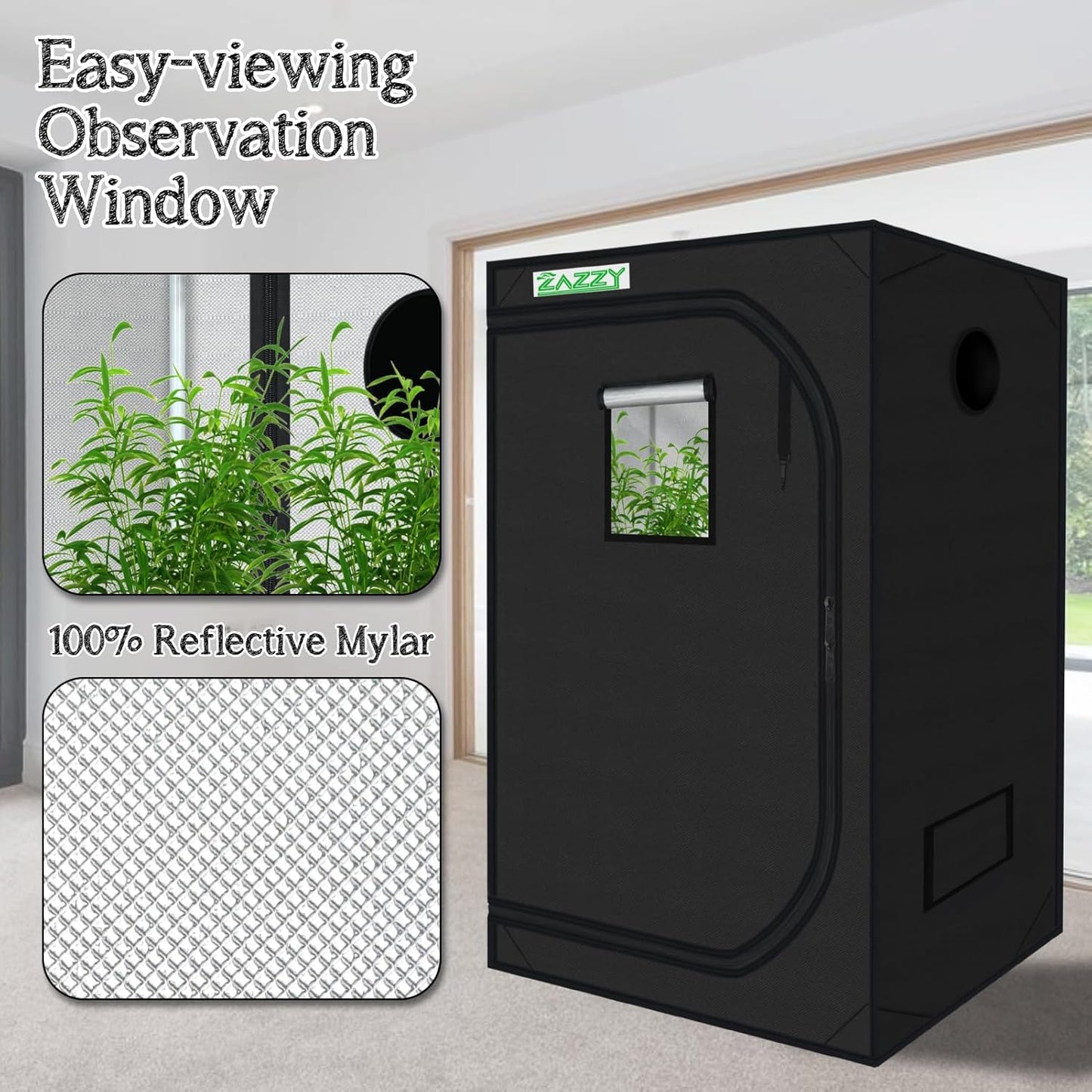 zazzy Grow Tent 60"x60"x78" Hydroponic Grow Tents Heavy Duty Dark Room Grow Reflective Mylar Grow Tent with Window & Floor Tray for Indoor Plant Growing