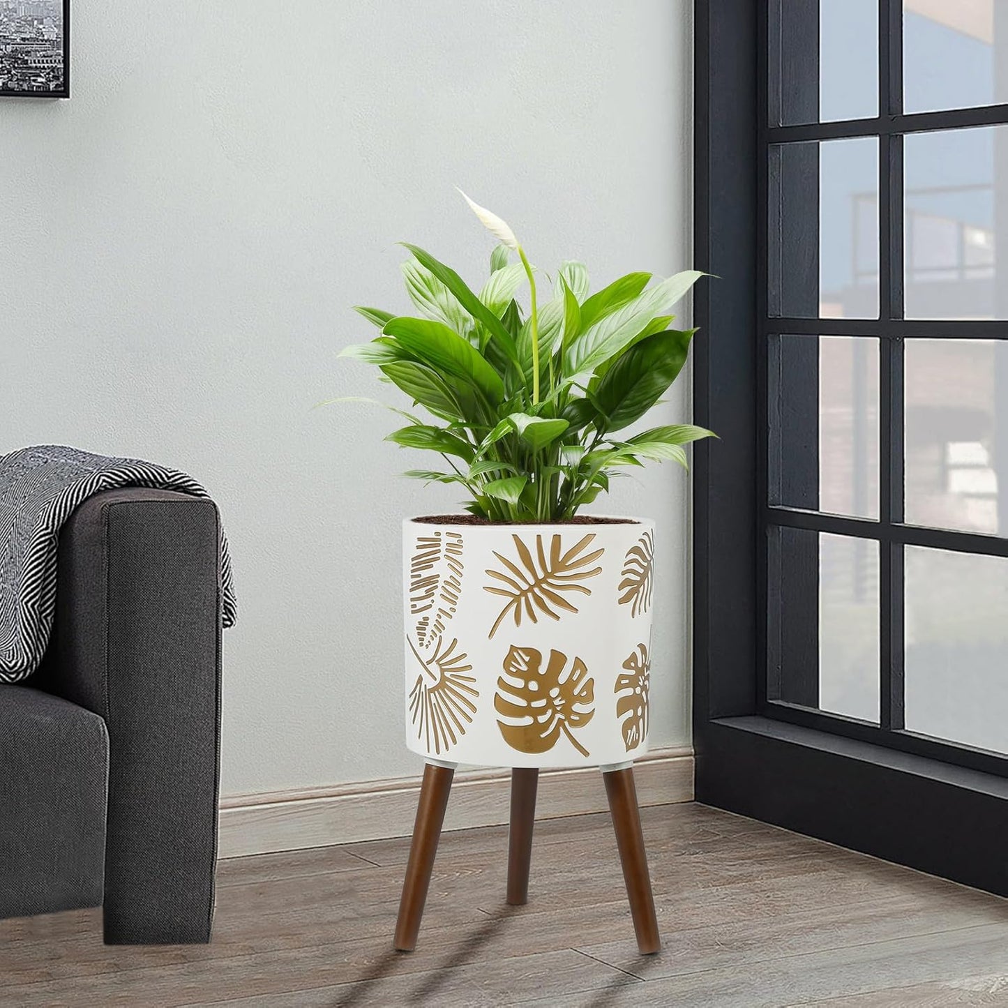 12 Inch Planter for Indoor Plant, Plant Pot with Stand Plants with Stand, Large Planters for Indoor Plants,Flower Pot with Drainage Holes for Outdoor,White and Gold