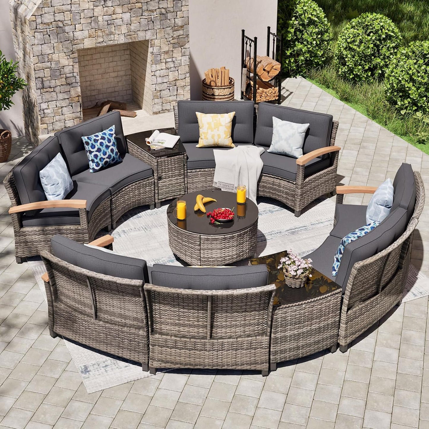 11 Piece Outdoor Patio Furniture Set, Half-Moon Curved Sectional Sofa Rattan Conversation Set with Wood Armrests, Coffee Table & 2 Side Table（Grey）