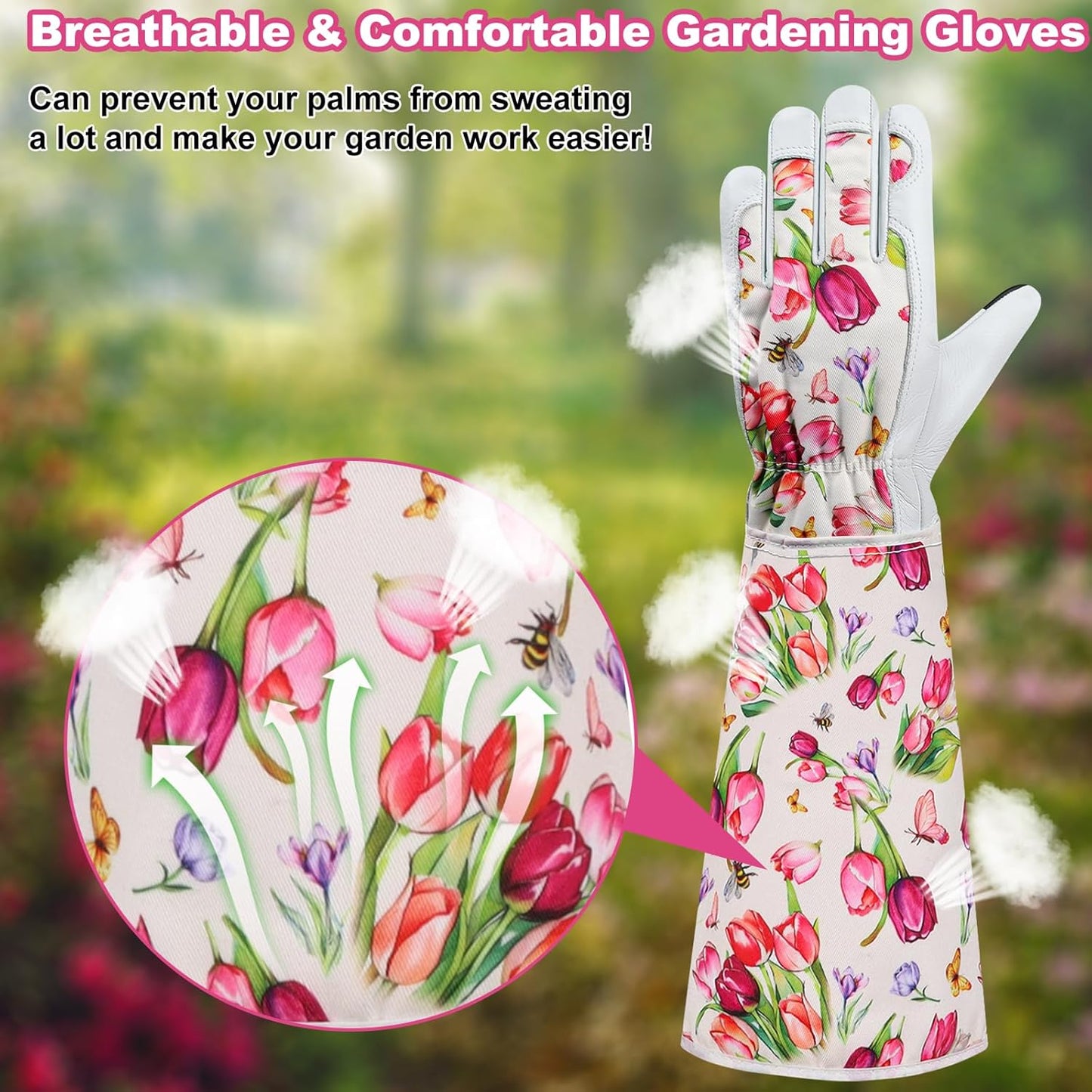 DLY Gardening Gloves for Women, Rose Gloves Gardening Thorn Proof, Long Garden Gloves for Women, Breathable Cowhide Leather Gauntlet(X-Large,White)