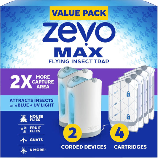 Zevo MAX Bug Catcher & Fly Trap for Indoors - Flying Insect Trap for Gnats, House & Fruit Flies - Use in Any Room - No-Mess Disposal (2 Plug in Bases & 4 Cartridges)