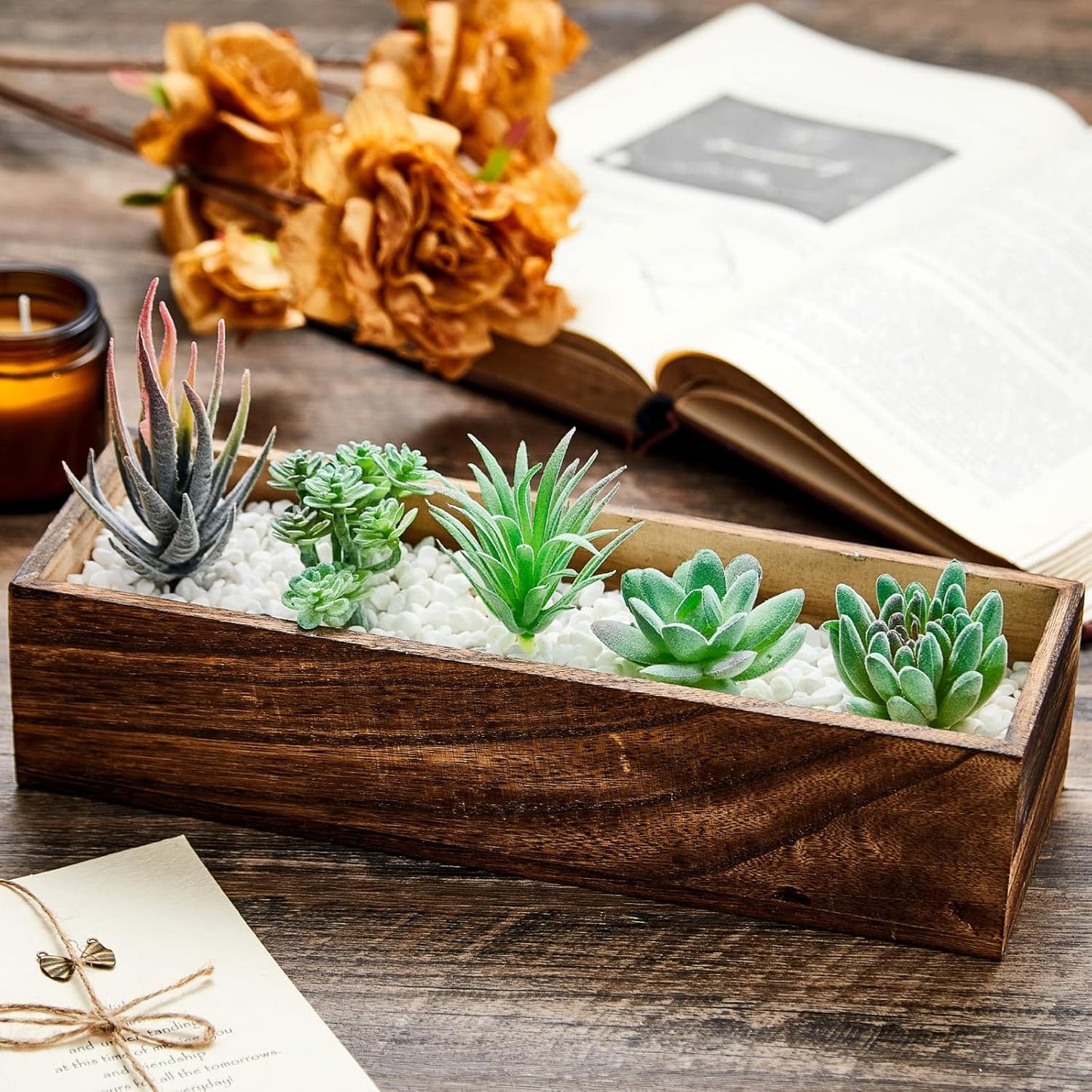 Dandat 1 Set Wood Boxes for Centerpieces Rectangle Wooden Planter Box Rustic Wood Planter with Removable Plastic Liner Floral Foam Blocks for Centerpieces Home Wedding Garden Decor (12x4 Inch)