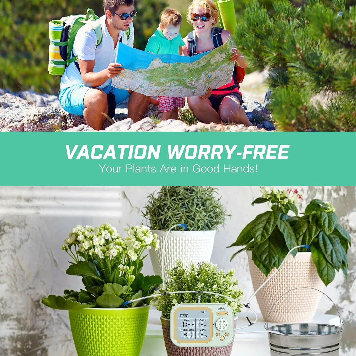 Automatic Plant Waterer Indoor Self Watering System for 15 Potted Plants, Auto Drip Irrigation Kit Programmable Water Timer with Smart Humidity Detection, Green