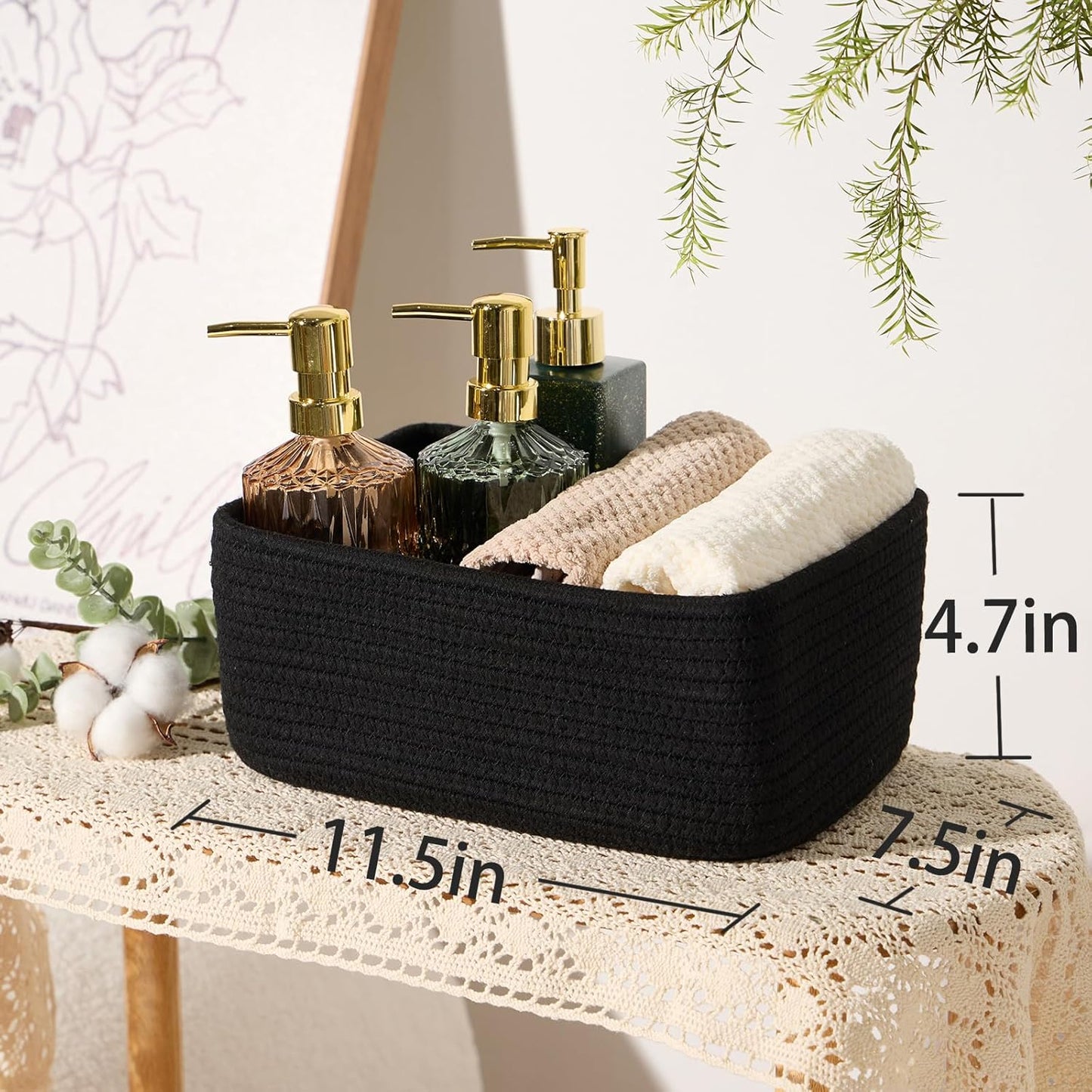 Small Storage Baskets for Organizing | Closet Organizer Bins | Shelf Toy Basket | Woven Rope Baskets | Cube Decorative Box | Shallow Basket | 11.5x7.5x4.7” | 4 Packs Black