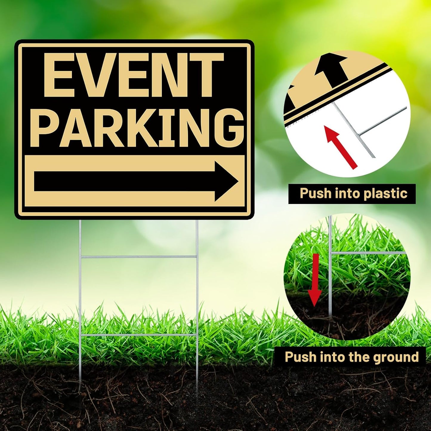 Juexica 9 Pieces 16 x 12 Inches Outdoor Event Parking Signs with Arrow Corrugated Plastic Yard Double Sided Event Signs Outdoor Directional Guest Parking(Black and Gold)