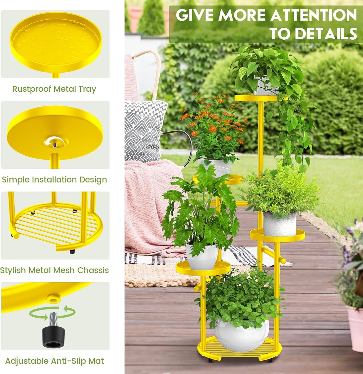 TOSKING 5 Tier Metal Plant Stand Indoor， Plant Shelf, Corner Shelf Flower Pot Stand for Outdoor Plant Stand for Living Room Balcony Garden Patio Bedroom (5Tier-37''-yellow)