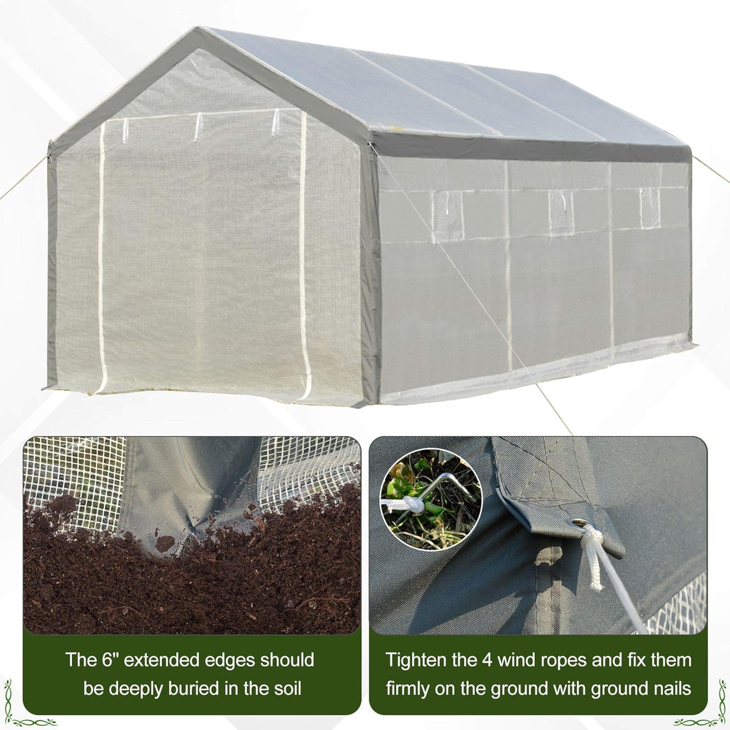 Outsunny 20' x 10' x 9' Walk-in Greenhouse, Outdoor Garden Warm Hot House with 6 Roll-up Windows, 2 Zippered Doors and Weather Cover, White