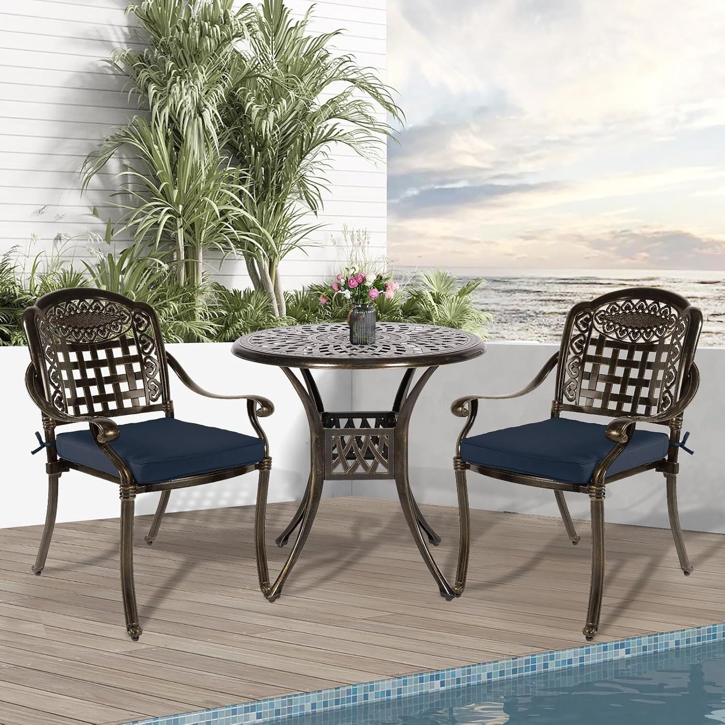 3-Piece Outdoor Patio Dining Set, All-Weather Cast Aluminum Patio Furniture Set for Backyard Garden Deck with 2 Cushioned Chairs and 31” Round Table, 2" Umbrella Hole, Navy Blue