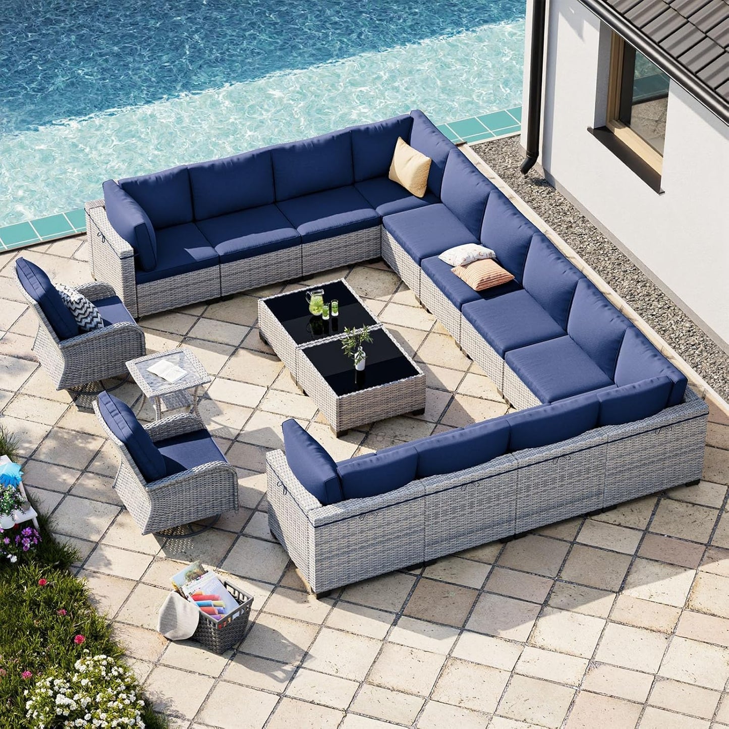 17-Piece Patio Furniture Set, Outdoor Patio Furniture with Swivel Chairs Set, Thick Cushions, Modular Patio Sofa, Dual-Strand Wicker Rattan, Rust-Resistant Frame, Deep Blue