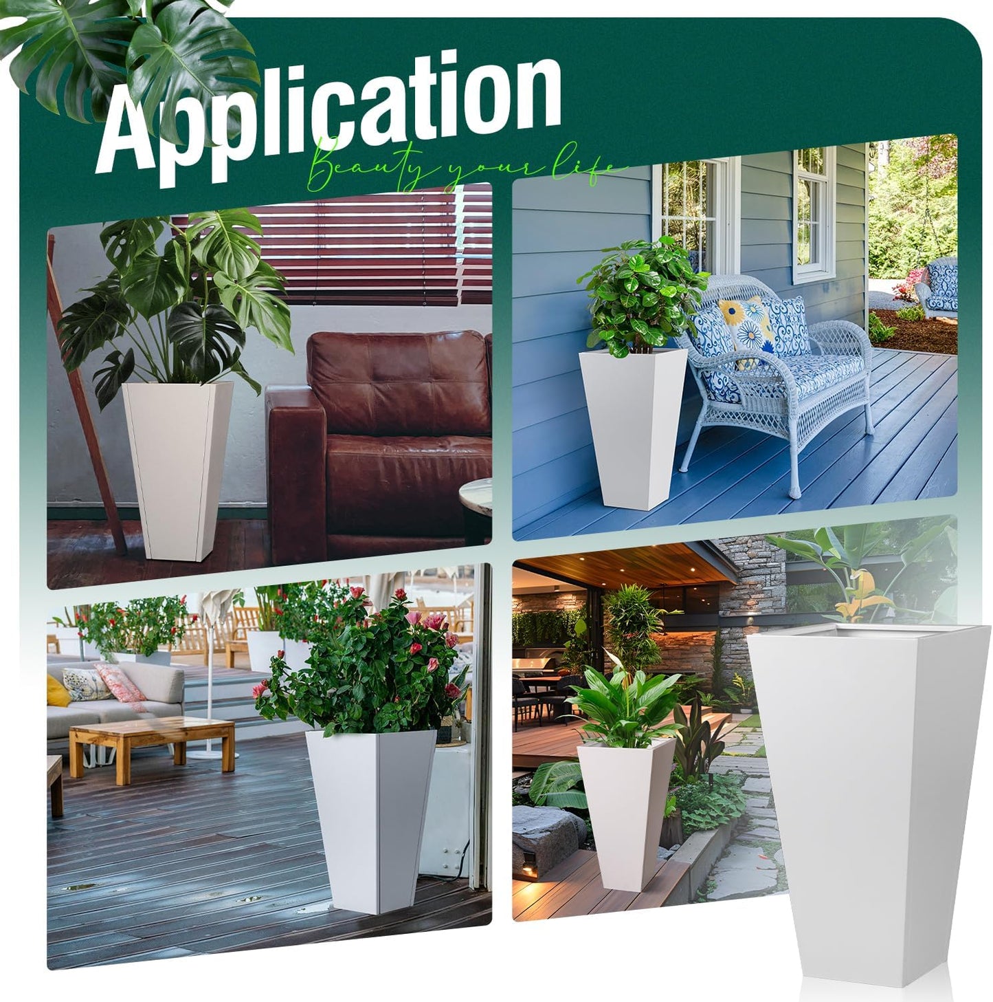 Tall Tapered Planter Front Porch Taper Metal Modern Flower Plant Pot White Square Galvanized Steel Planter 30 in Indoor Outdoor for Garden Patio Grande Plant Tree Commercial Residential Heavy Duty