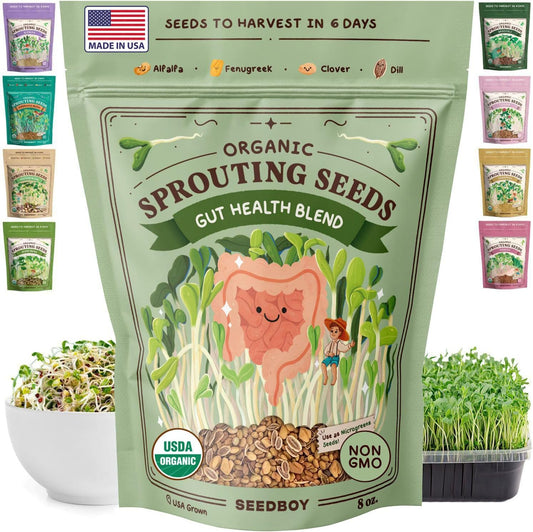 Seedboy Organic Sprouting Seeds - Gut Health Blend - Non-GMO, USA Grown Microgreens Mix - Clover, Alfalfa, Fenugreek, Dill - Makes 8 Quarts of Sprouts, 24 Servings (8 oz) (Gut Health Blend)