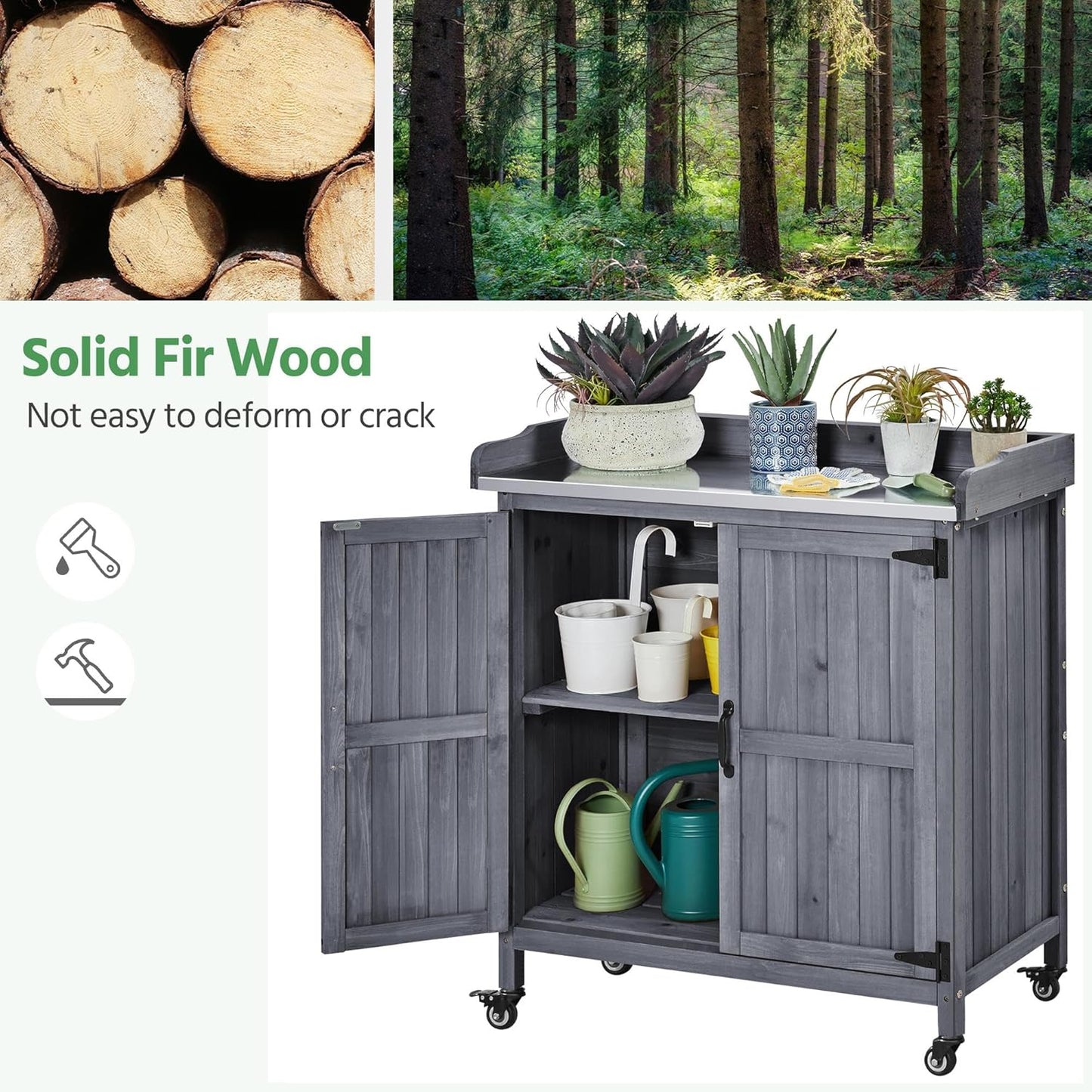 Yaheetech Garden Potting Bench Table, Outdoor Garden Horticultural Wooden Storage Cabinet & Solid Wood Planting Work Bench with Large Space Storage & Metal-Plated Tabletop, Gray