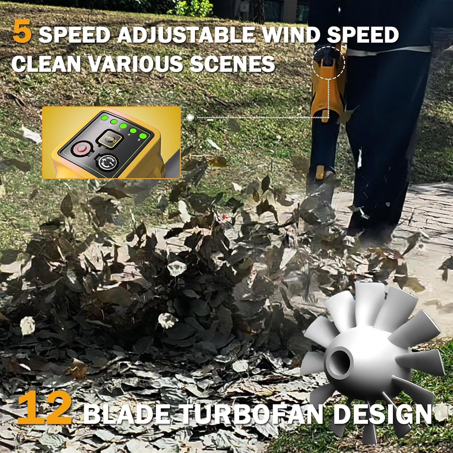 Leaf Blower Cordless,720CFM 210MPH Electric Blower with 2 x 21V 6.0Ah Battery and Charger, 5-Variable Speed & Turbo Mode, Blowers for Lawn Care (E 5003) (Black Yellow)