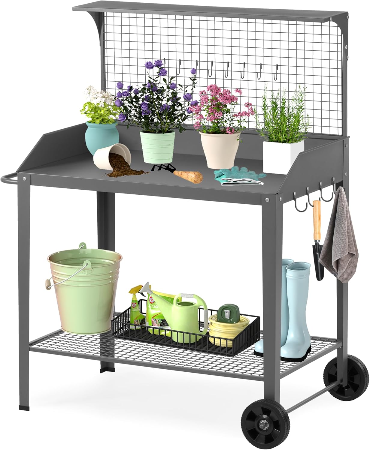 Outdoor Metal Potting Bench with Wheels, Heavy Duty Garden Workbench Table with Storage Shelf (Dark Gray, 52.8"x36.6")