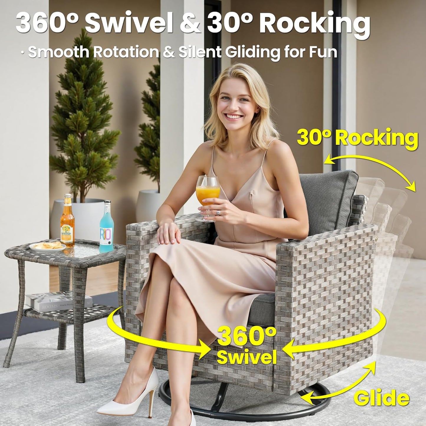 ovios 9 Pieces Patio Furniture Set, Outdoor Wicker Sectional Sofa with 30" Fire Pit Table Swivel Chair, Modern Modular Deep Seat Rattan Couch Conversation Sets, Black