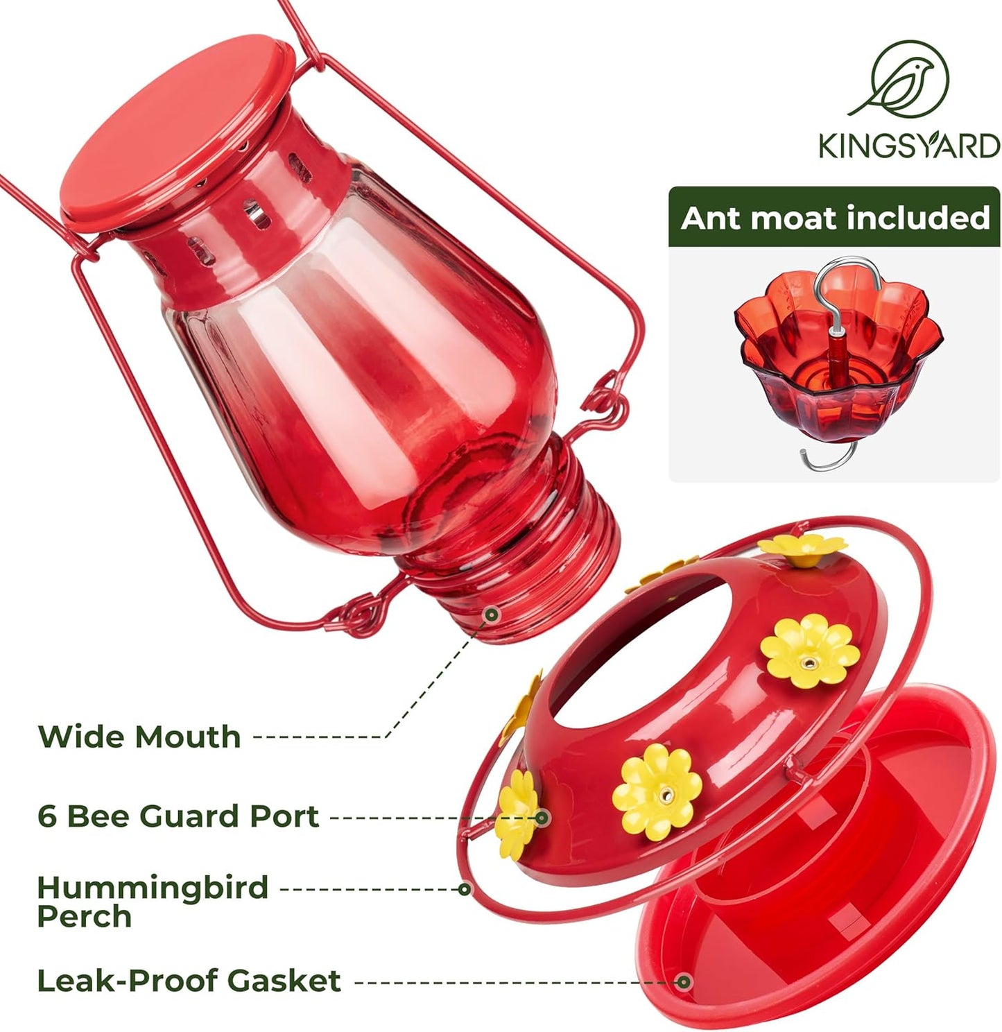 Kingsyard Vintage Glass Hummingbird Feeder Leak Proof Ant Bee Proof Lantern Bird Feeder with 6 Ports Moat, 24 oz Red