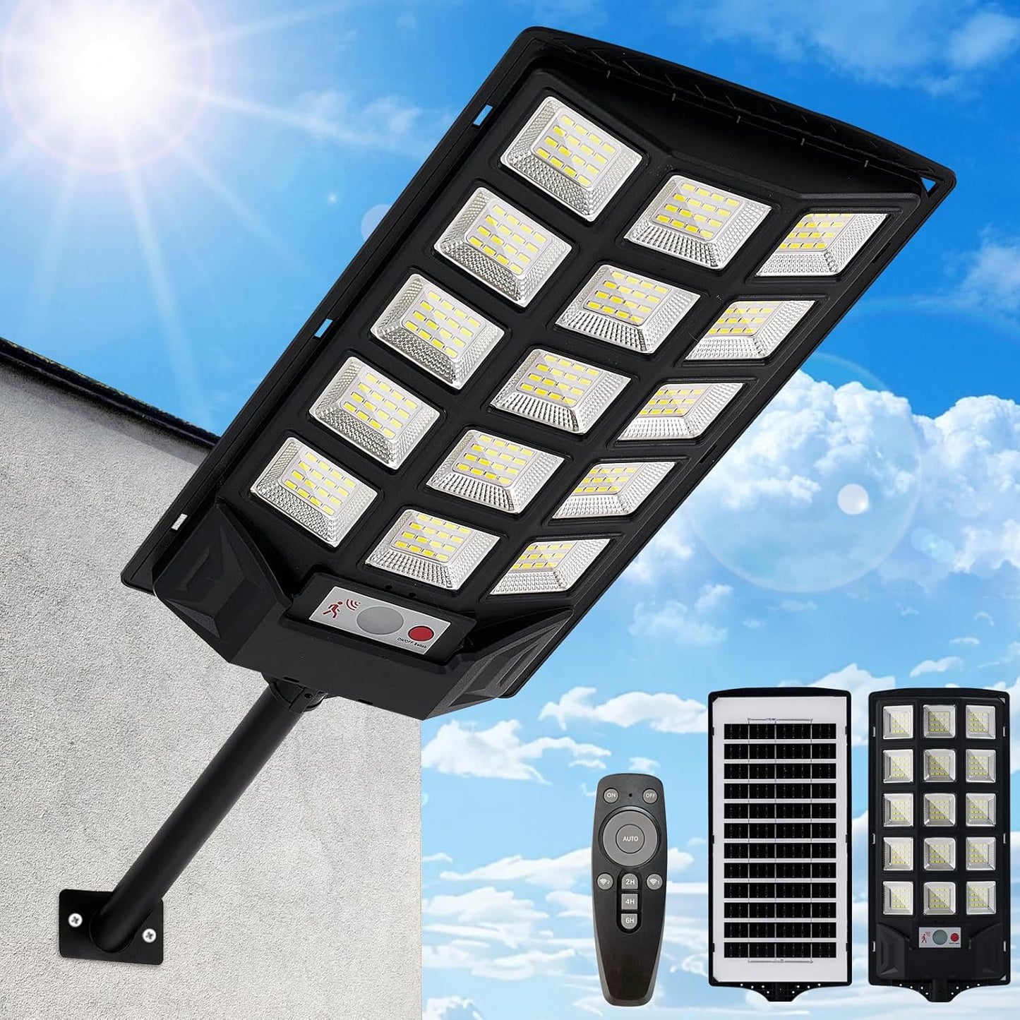 Solar Lights Outdoor,IP66 Waterproof Solar Street Lights with Motion Sensor & Remote,6500K Dusk to Dawn Street Lamps for Parking Lot/Yard/Garden