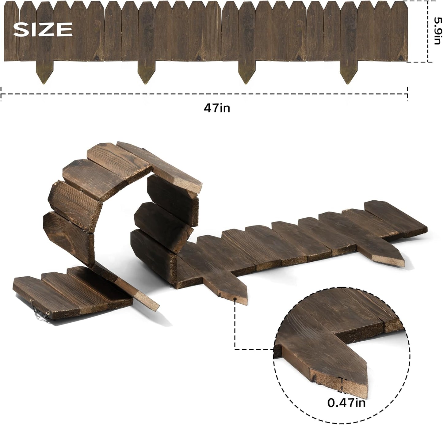 Wood Garden Edging, Wooden Fence Border Decorative Small Picket Panels for Flower Bed Barriers and Landscape Fencing (5.9" H x 47" L, 10 Pack)