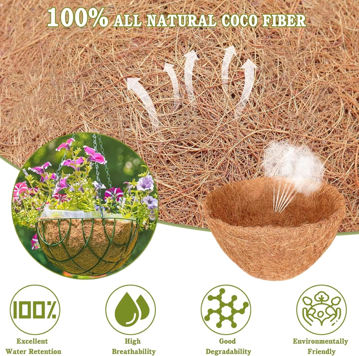 Halatool 2 PCS 14 Inch Round Coco Liners Hanging Basket 100% Natural Replacement Coconut Liners for Planters Garden Flower Pot Vegetables Herbs