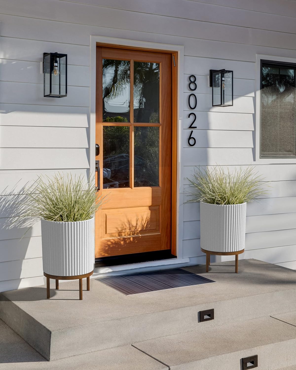 Veradek Demi Series Round Planter w/Stand for Porch/Patio | Durable Plastic-Stone Composite & Wooden Stand | Modern Décor for Tall Plants, Flowers